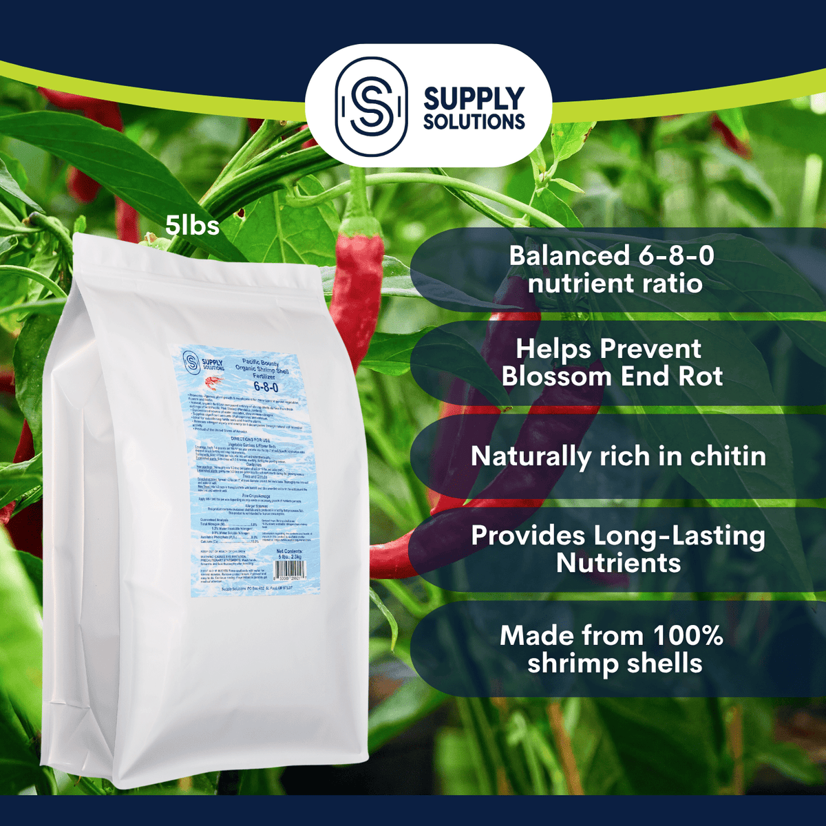 Supply Solutions Pacific Bounty Organic Shrimp Fertilizer 6-8-0 | 13% Calcium | Natural Phosphorus-Rich Fertilizer for Tomatoes, Peppers, and Flowering Plants | Soil-Building