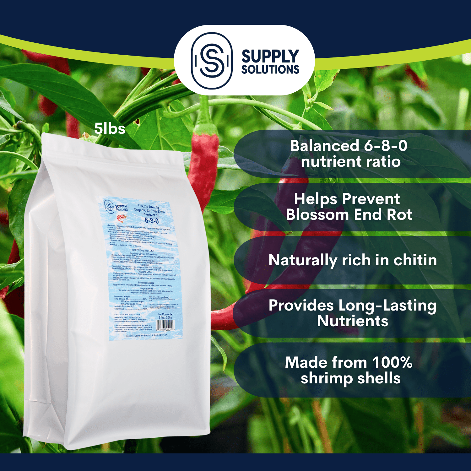 Supply Solutions Pacific Bounty Organic Shrimp Fertilizer 6-8-0 | 13% Calcium | Natural Phosphorus-Rich Fertilizer for Tomatoes, Peppers, and Flowering Plants | Soil-Building