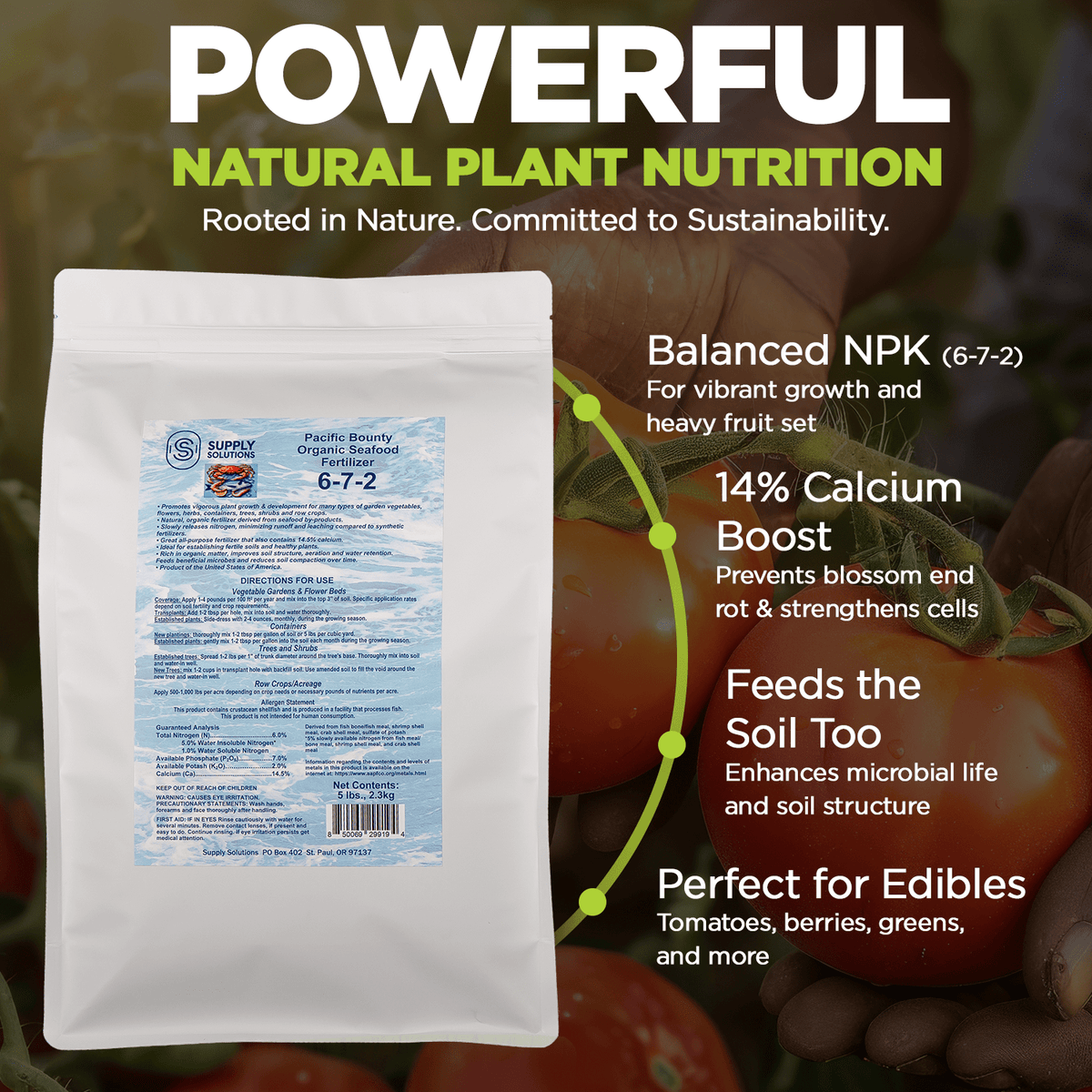 Organic Seafood Fertilizer 6-7-2 | 14.5% Calcium | All-Natural Fish & Shellfish-Based Garden Fertilizer | Boosts Growth, Improves Soil, and Prevents Blossom End Rot
