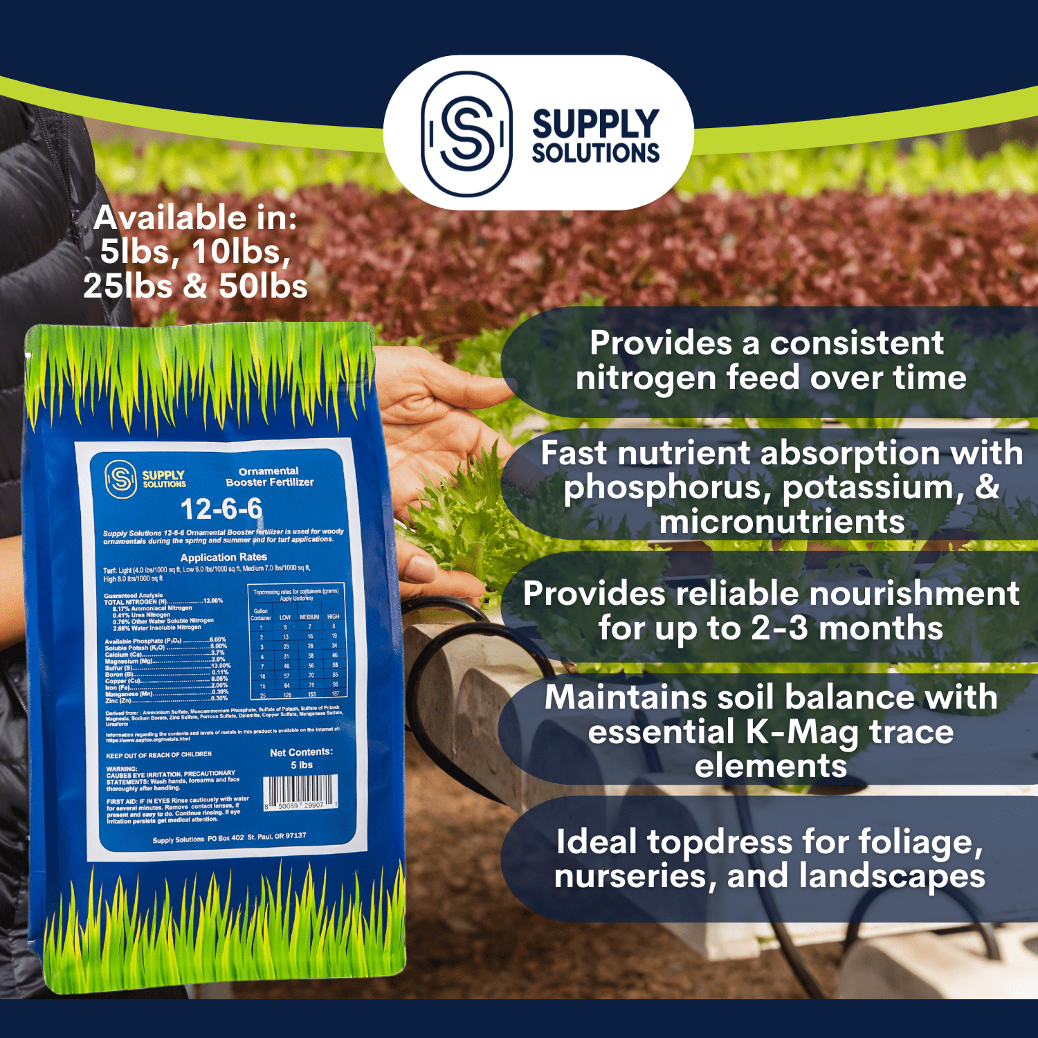 Supply Solutions 12-6-6 Ornamental Booster Fertilizer - Plant Food Topdress on Foliage, Nurseries and Landscapes - Controlled Release NPK Plant Fertilizer with Macro and Micro Nutrients