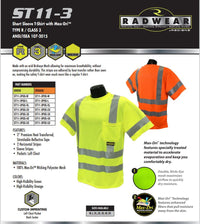 Moisture Wicking High Visibility Shirts, Radians ST11-3 Type R Class 3 Short Sleeve T-Shirt With Max-Dri™