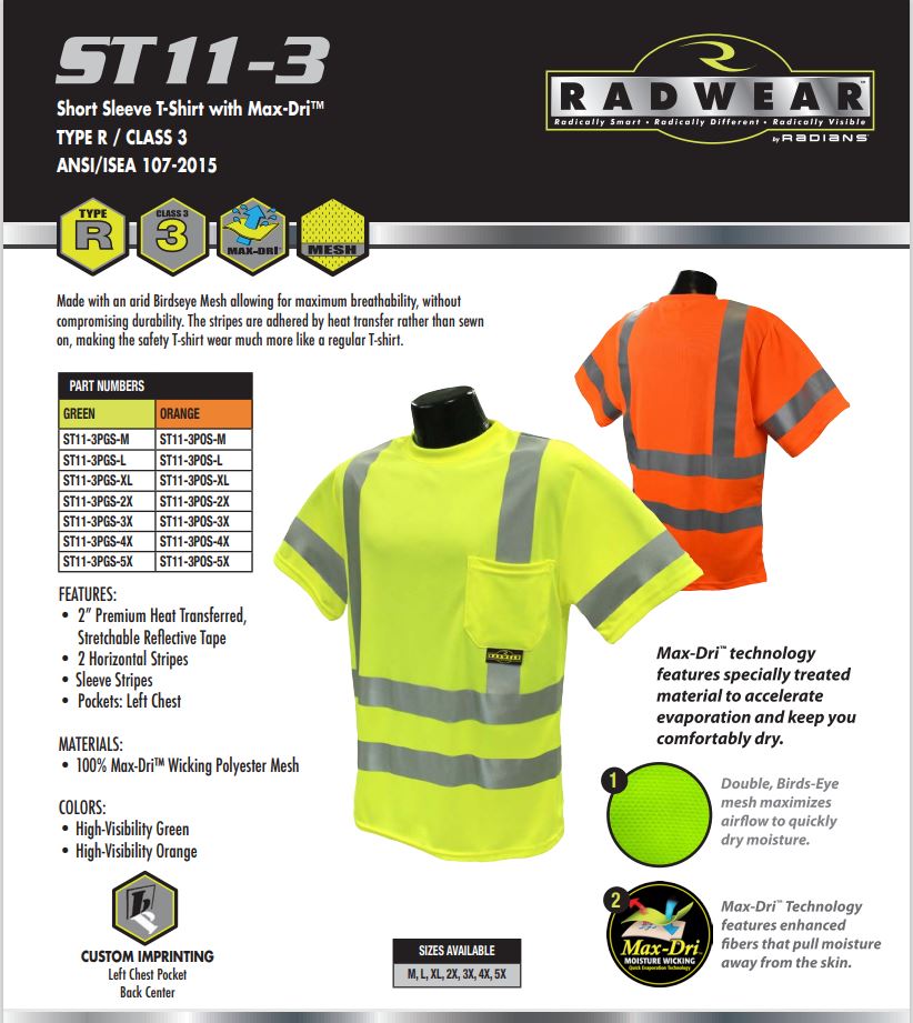 Moisture Wicking High Visibility Shirts, Radians ST11-3 Type R Class 3 Short Sleeve T-Shirt With Max-Dri™
