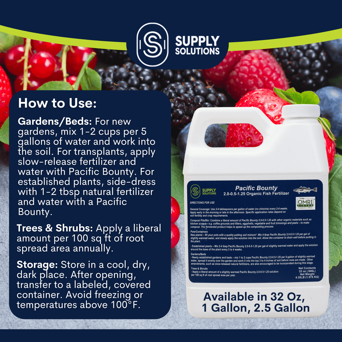 Supply Solutions Pacific Bounty 2.0-0.5-1.25 Organic Fish Fertilizer for Plants - Nutrient-rich Liquid Organic Fertilizer for Vegetables Fruits - Derived Fish Protein Hydrolysate Molasses