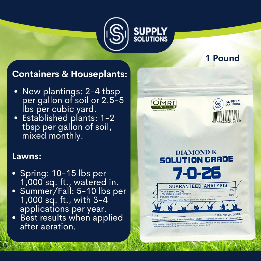 Supply Solutions 7-0-26 Organic Fertilizer - 7% Nitrogen 26% Potash - Derived from Soy Protein Hydrolysate and Sulfate of Potash - Fertilizer for Vegetable Garden and Tomato Plants