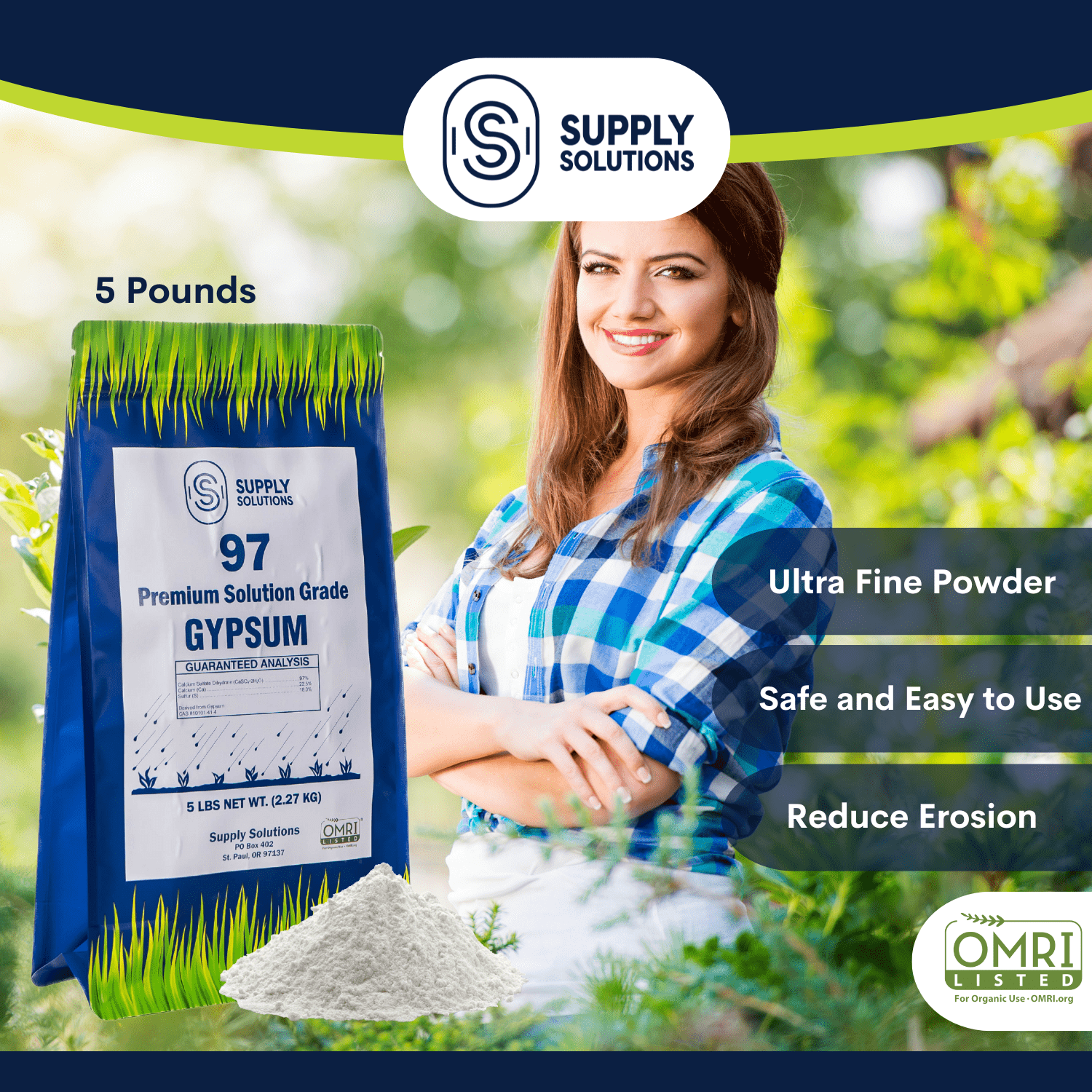 Supply Solutions Premium 97 Solution Grade Gypsum - Fast Acting Gypsum for Soil - Organic Calcium Sulfate Dihydrate - Soil Acidifier Gypsum Powder for Root Growth, Lawns, Mushroom Cultivation
