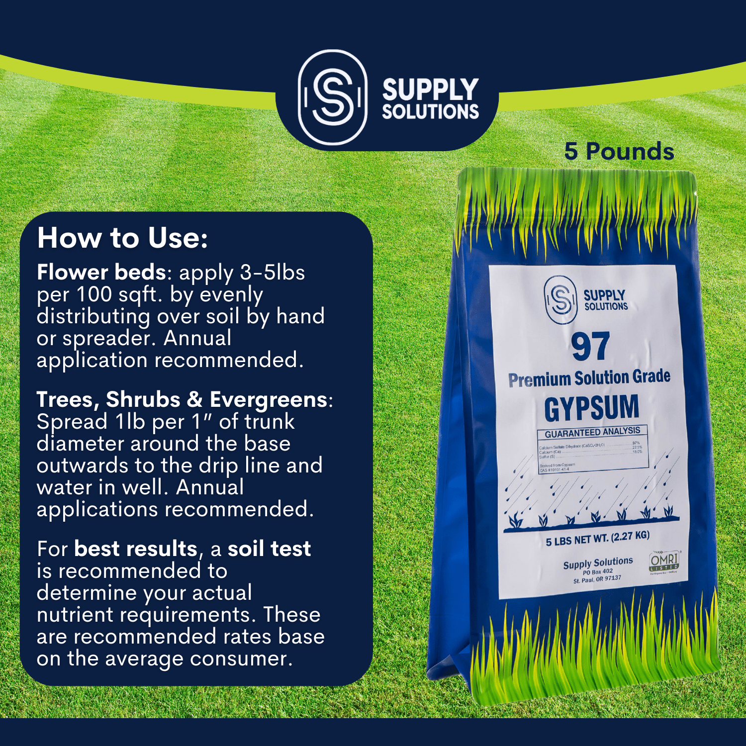 Supply Solutions Premium 97 Solution Grade Gypsum - Fast Acting Gypsum for Soil - Organic Calcium Sulfate Dihydrate - Soil Acidifier Gypsum Powder for Root Growth, Lawns, Mushroom Cultivation