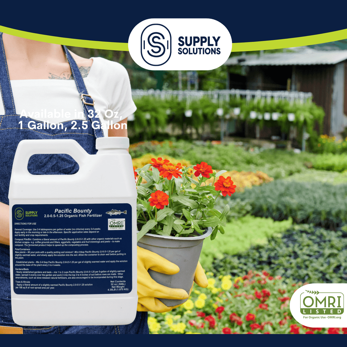 Supply Solutions Pacific Bounty 2.0-0.5-1.25 Organic Fish Fertilizer for Plants - Nutrient-rich Liquid Organic Fertilizer for Vegetables Fruits - Derived Fish Protein Hydrolysate Molasses