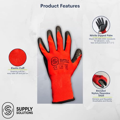 Supply Solutions APE SKINZ Crinkle Cut Latex Dipped Safety Work Gloves For Landscaping, Warehouse, Construction, Gardening, Agriculture, For Men and Women. 12 Pair per package. Red/black