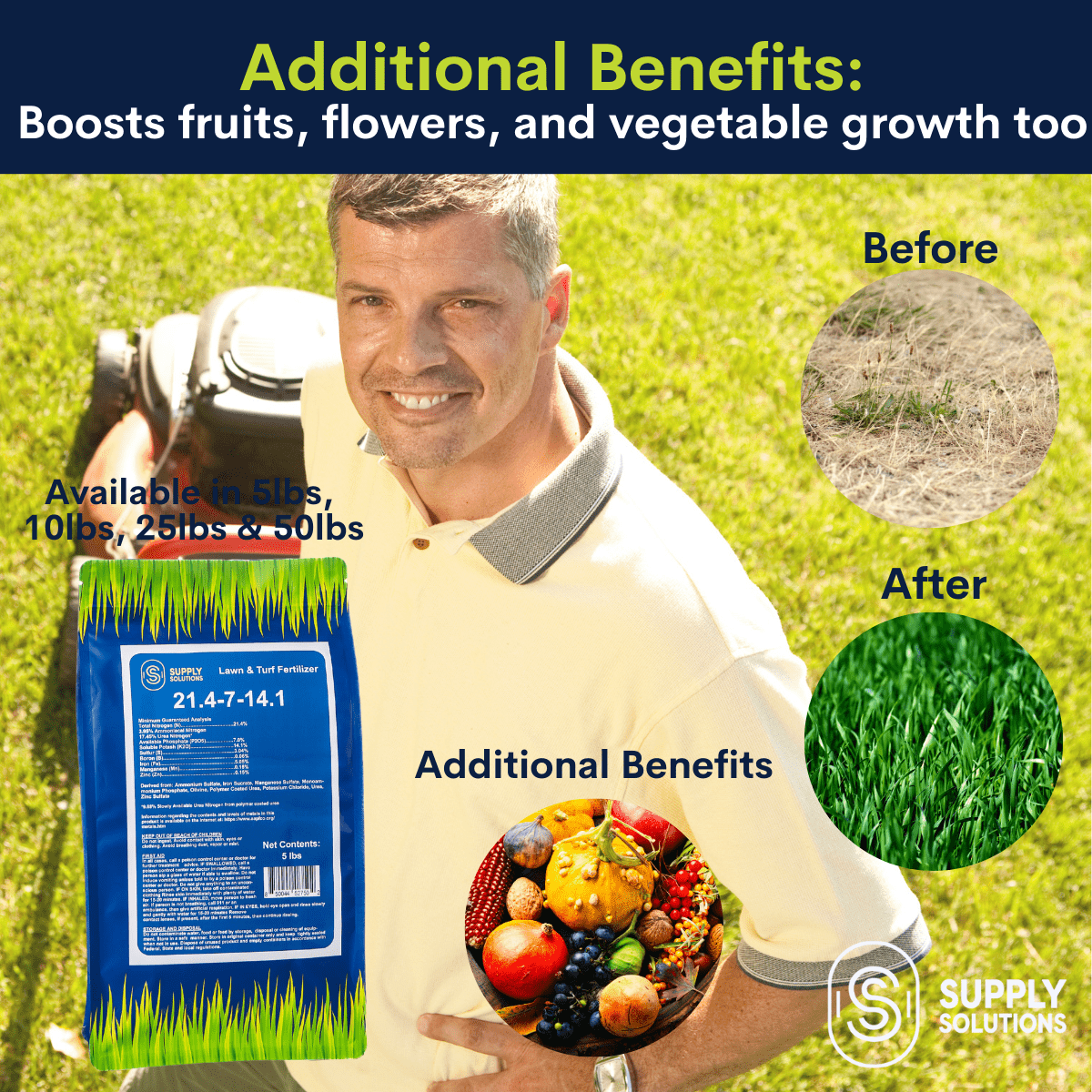 Supply Solutions 21.4-7-14.1 Lawn and Turf Fertilizer with Iron - Plant Food for Lawn Achieves a Lush Green Lawn in Weeks - Turf Builder for All Grass Types