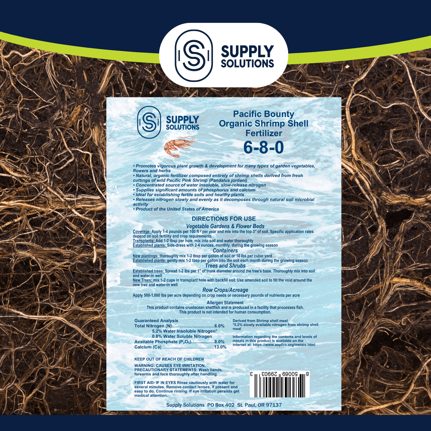 Supply Solutions Pacific Bounty Organic Shrimp Fertilizer 6-8-0 | 13% Calcium | Natural Phosphorus-Rich Fertilizer for Tomatoes, Peppers, and Flowering Plants | Soil-Building