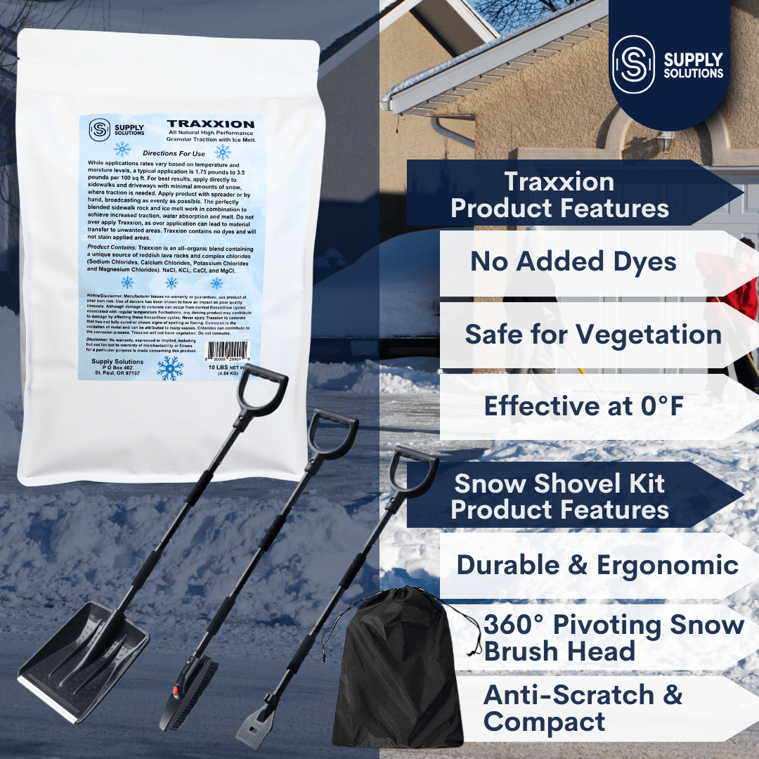 Supply Solutions Traxxion Granular Traction with Ice Melt - Pet Safe Ice Melt Snow Salt - Non Toxic Winter Salt - Bundle with 3-in-1 Collapsible Snow Shovel Kit for Car Emergency Driveway (5 Items)