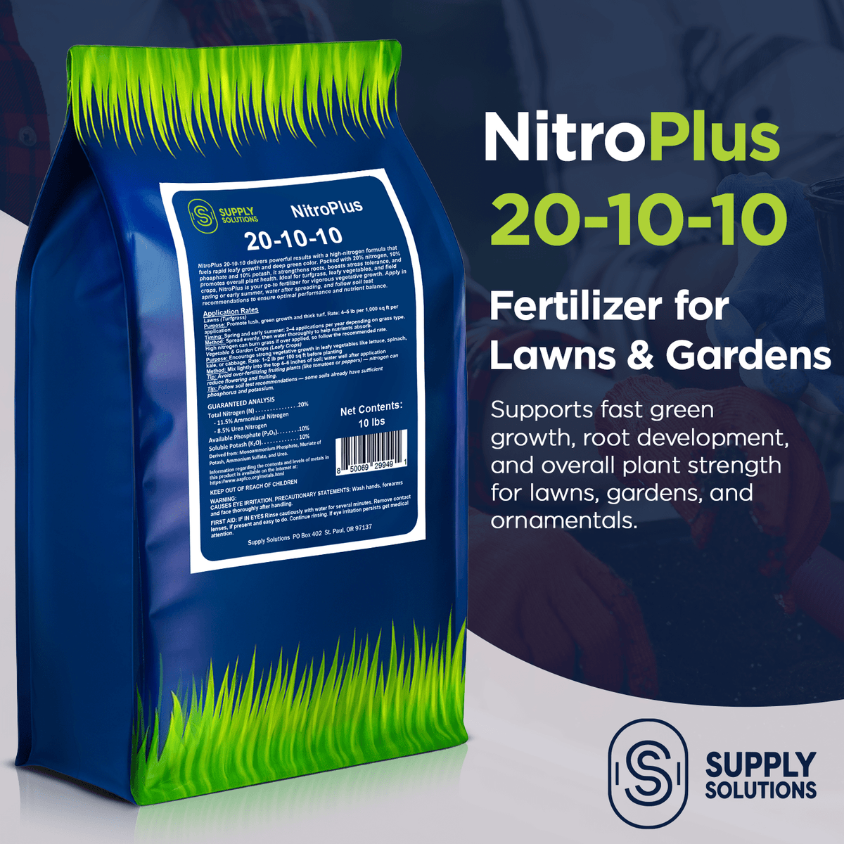 Supply Solutions NitroPlus 20-10-10 Fertilizer for Lawns and Gardens, All Purpose Lawn Fertilizer and Garden Fertilizer, Outdoor Plant Food with Nitrogen Phosphate and Potash Blend 10Lbs