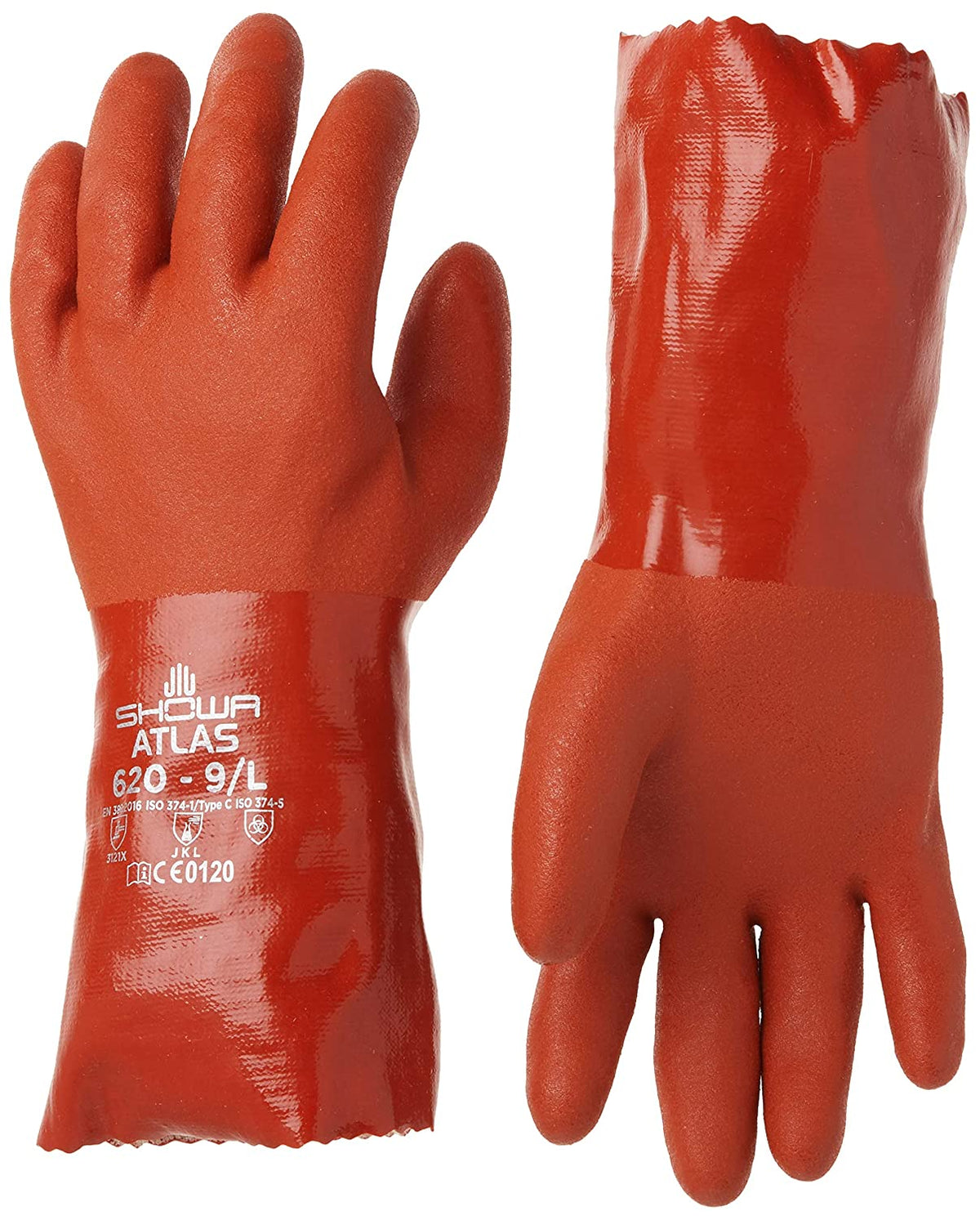 SHOWA - Atlas 620 Fully Coated Double-Dipped PVC Glove, Seamless Knitted Liner, Chemical Resistant, 12" Length,
