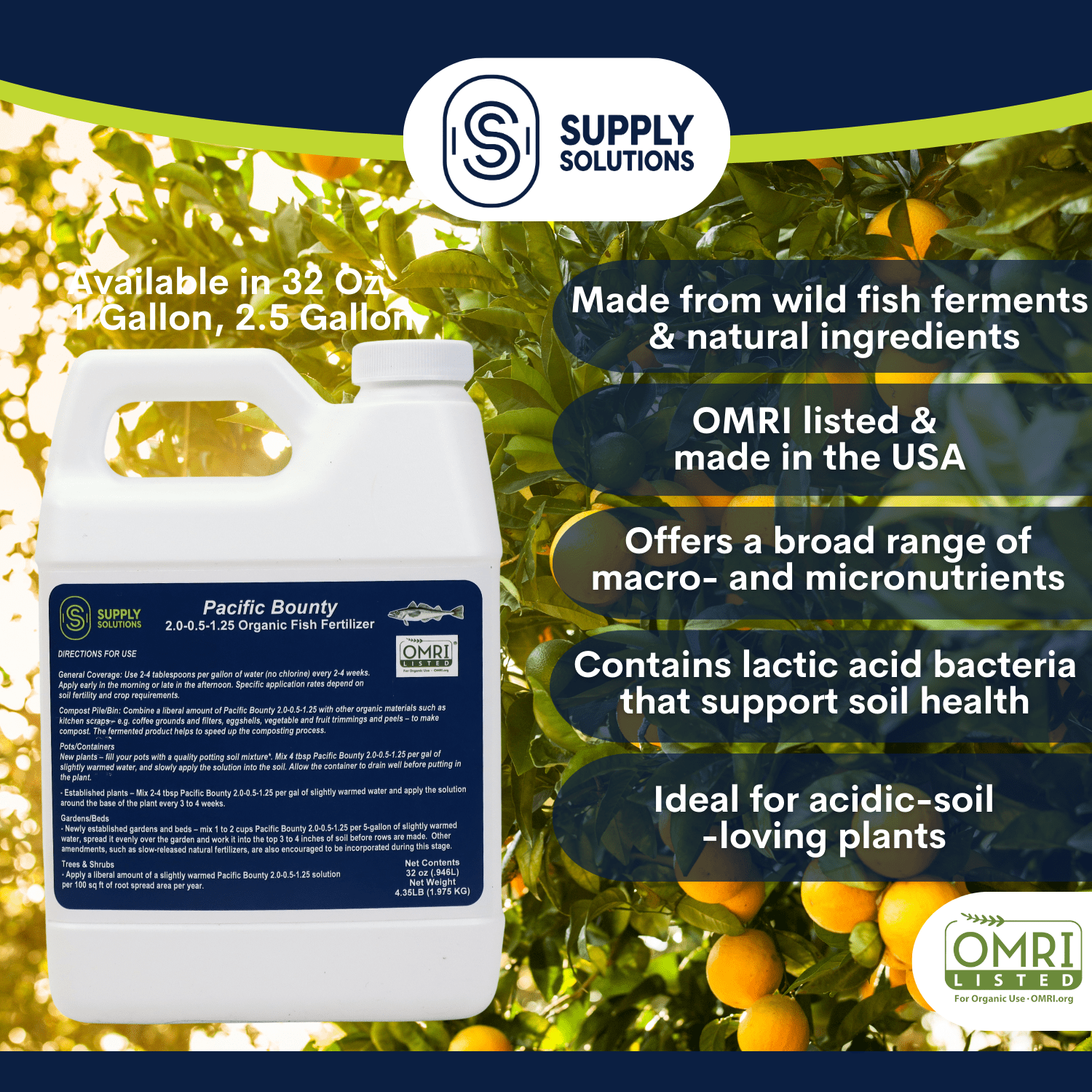 Supply Solutions Pacific Bounty 2.0-0.5-1.25 Organic Fish Fertilizer for Plants - Nutrient-rich Liquid Organic Fertilizer for Vegetables Fruits - Derived Fish Protein Hydrolysate Molasses