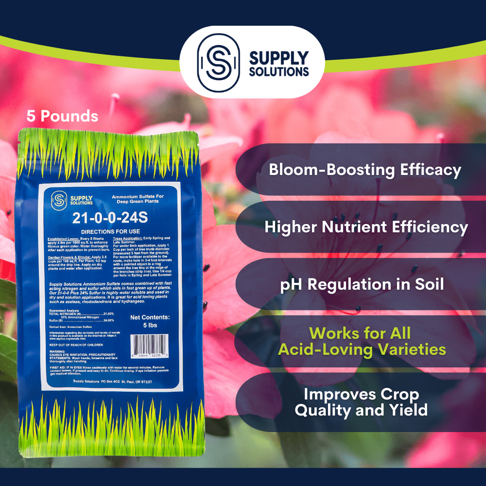 Supply Solutions Ammonium Sulfate Fertilizer 21-0-0 +24% Sulfur for Deep Green Plants - Soil Acidifier for Flowers, Trees, Lawn, Acid Loving - Sulfur for Plants Hydrangea Fertilizer