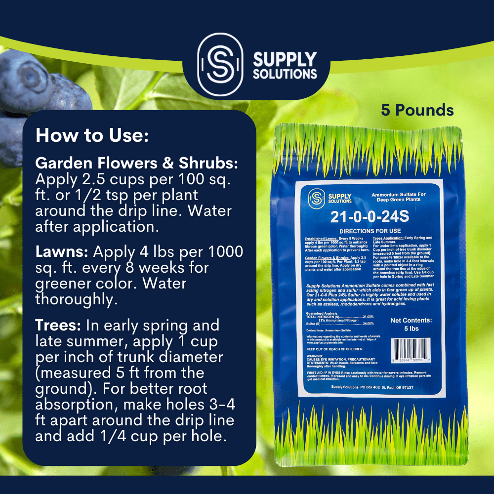 Supply Solutions Ammonium Sulfate Fertilizer 21-0-0 +24% Sulfur for Deep Green Plants - Soil Acidifier for Flowers, Trees, Lawn, Acid Loving - Sulfur for Plants Hydrangea Fertilizer