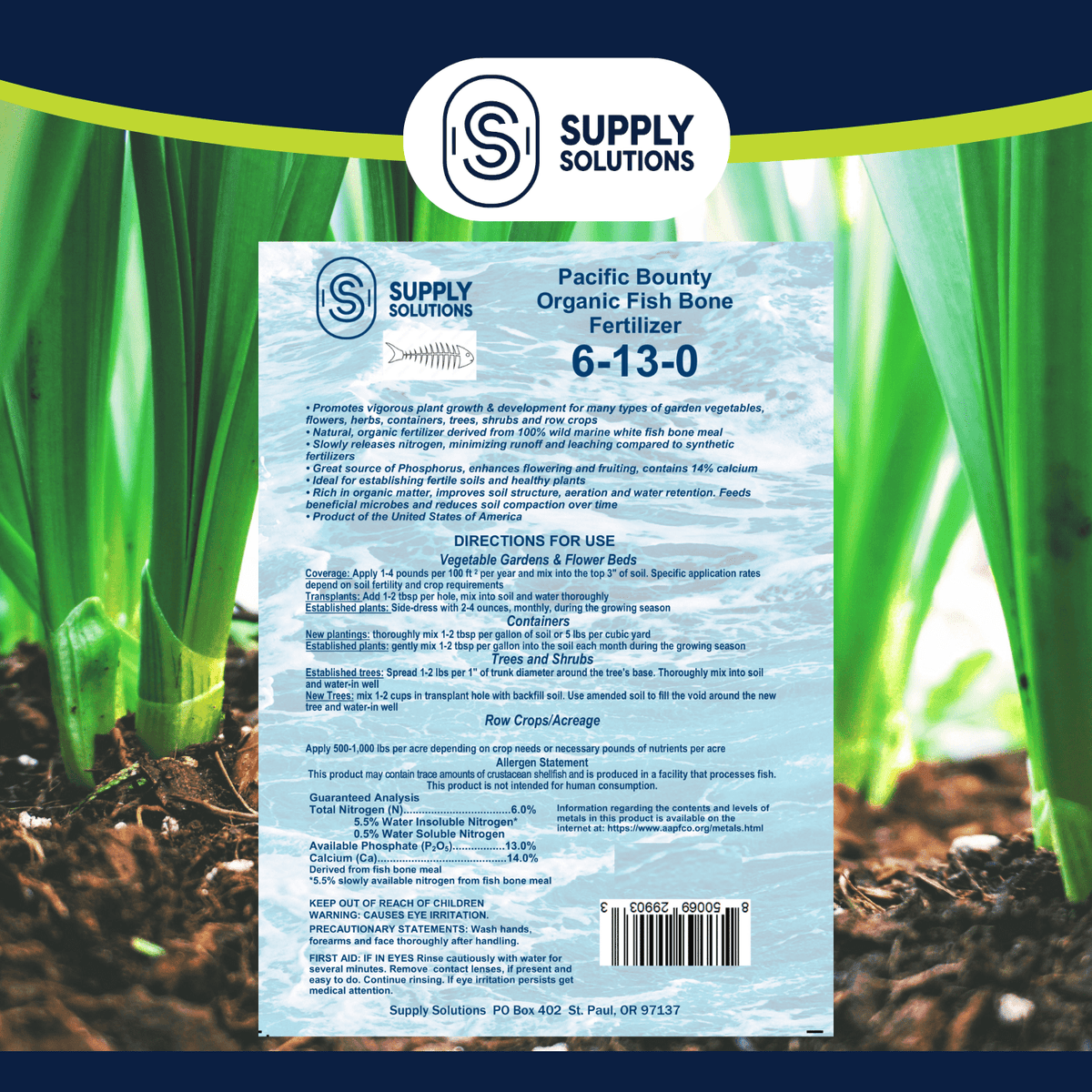 Supply Solutions Pacific Bounty Organic Fish Bone Meal Fertilizer 6-13-0 - Plus 14% Calcium for Plants Root Development- High Phosphorus Plant Food for Tomatoes, Flowers, Bulbs, Veggies – Non-GMO