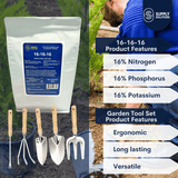 Supply Solutions 16-16-16 Complete Lawn & Garden All Purpose Granular Fertilizer - The Ultimate Plant Food for Lush Greenery - Bundle with Gardening Tools Perfect for Men and Women