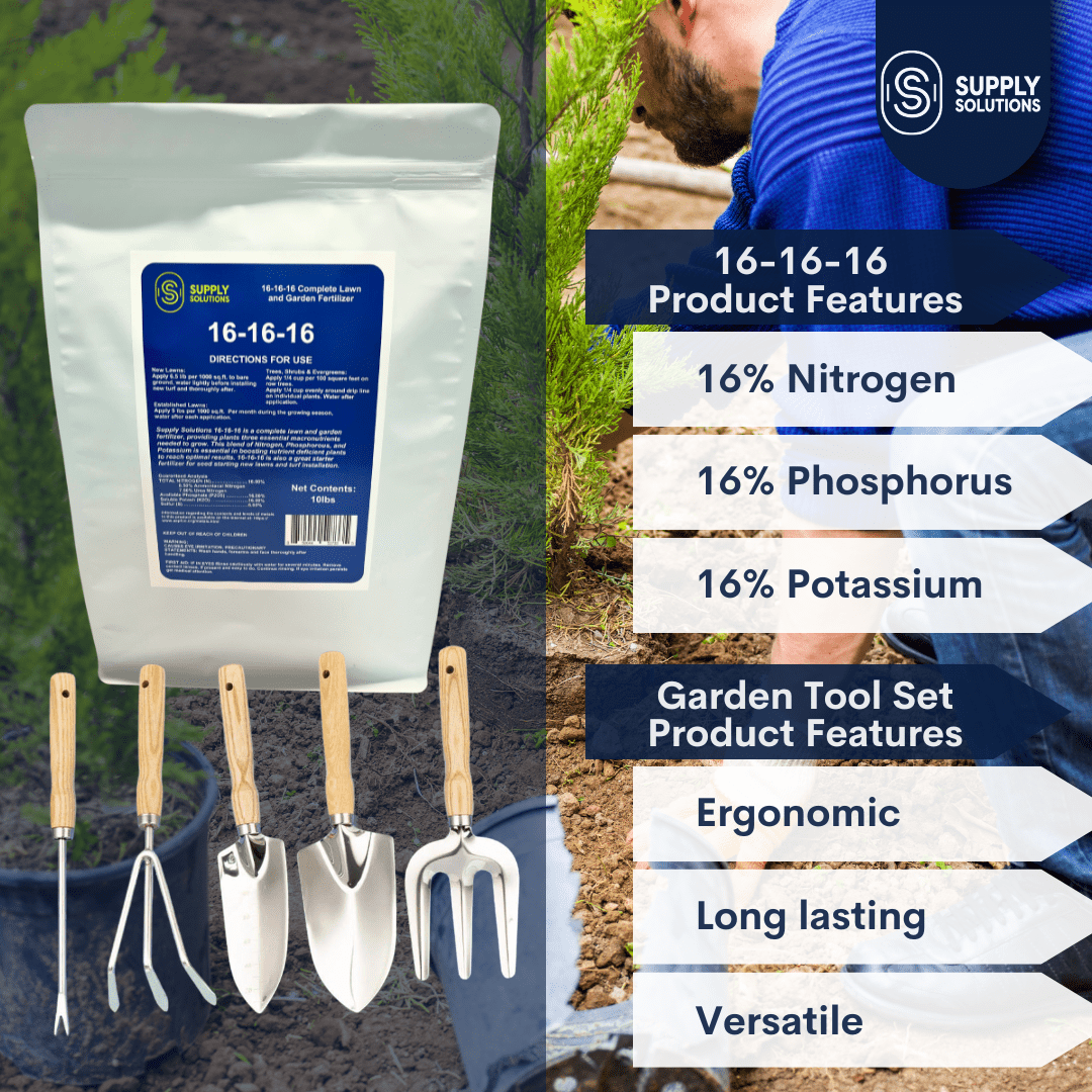 Supply Solutions 16-16-16 Complete Lawn & Garden All Purpose Granular Fertilizer - The Ultimate Plant Food for Lush Greenery - Bundle with Gardening Tools Perfect for Men and Women