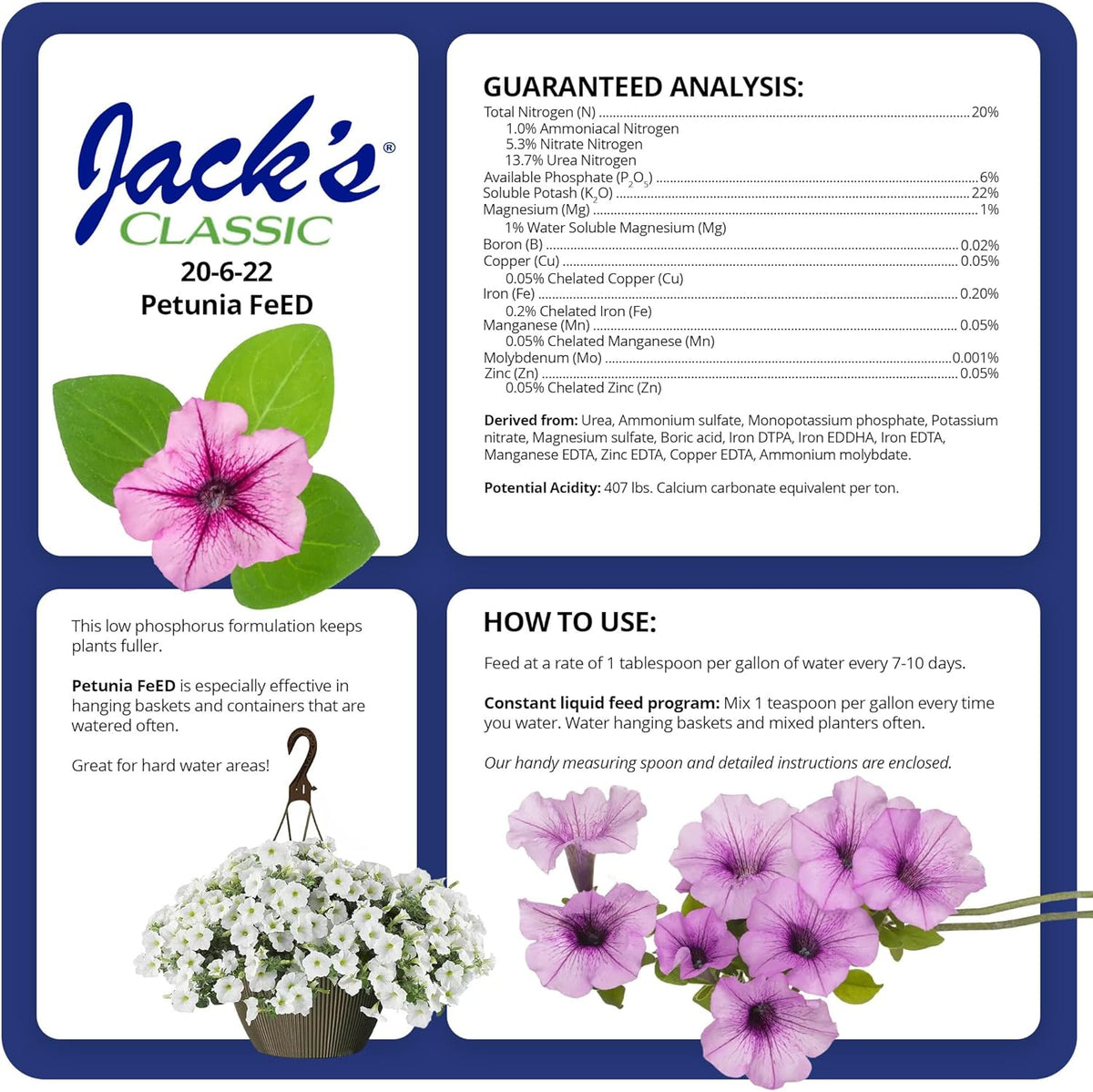 Jack's Classic 20-6-22 Petunia Feed Water-Soluble Fertilizer with Micronutrients to Provide Lush Green Annuals (4lbs)