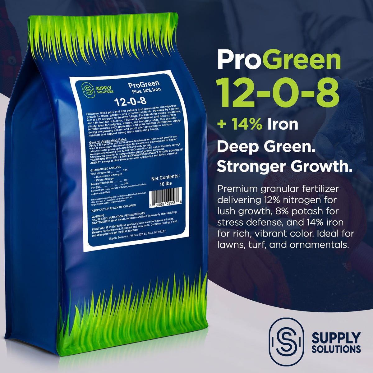 ProGreen 12-0-8 Plus 14% Iron Granular Lawn and Garden Fertilizer - Plant Food Support for Deep Green Color and Stronger Roots - Perfect Spring Boost for Lawns