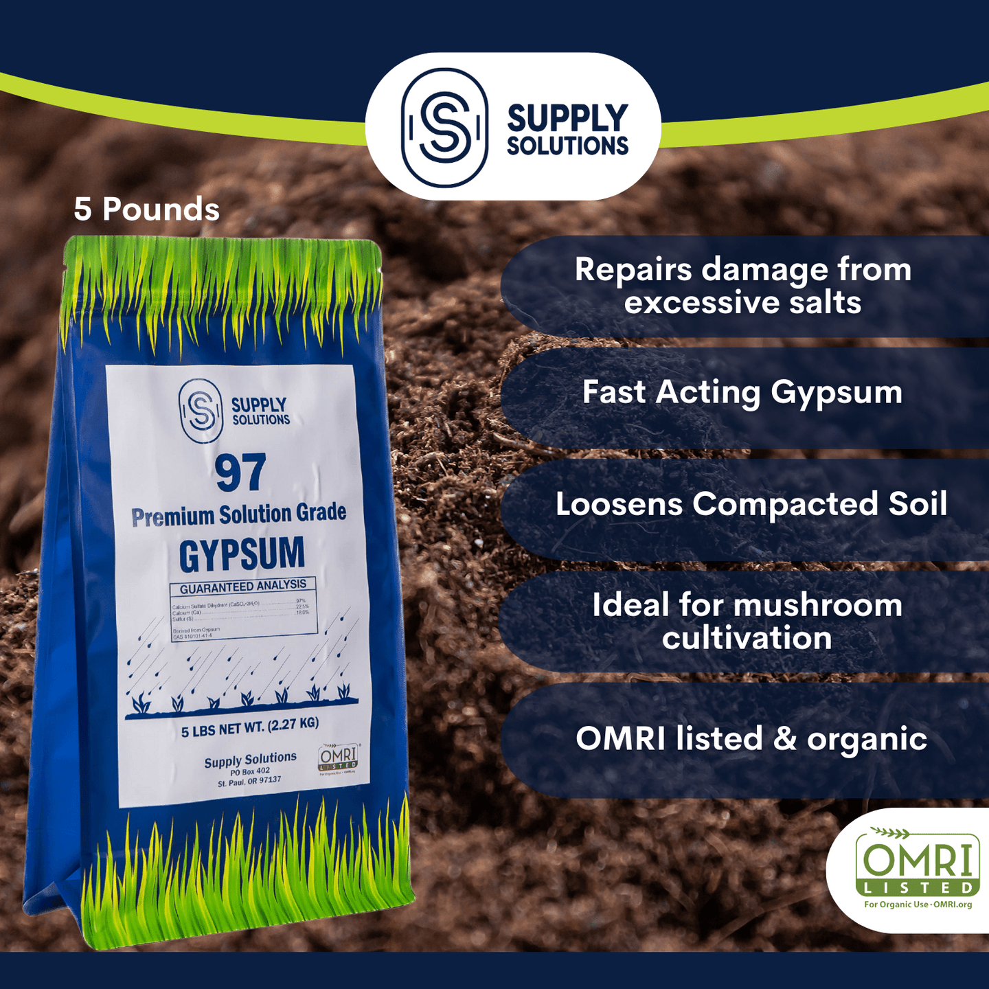 Supply Solutions Premium 97 Solution Grade Gypsum - Fast Acting Gypsum for Soil - Organic Calcium Sulfate Dihydrate - Soil Acidifier Gypsum Powder for Root Growth, Lawns, Mushroom Cultivation