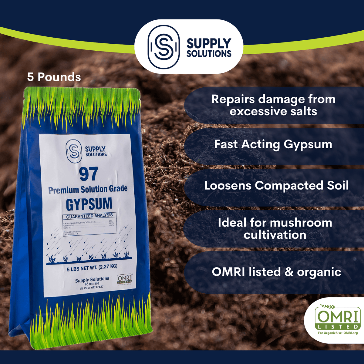 Supply Solutions Premium 97 Solution Grade Gypsum - Fast Acting Gypsum for Soil - Organic Calcium Sulfate Dihydrate - Soil Acidifier Gypsum Powder for Root Growth, Lawns, Mushroom Cultivation