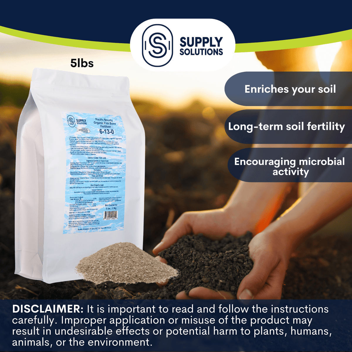 Supply Solutions Pacific Bounty Organic Fish Bone Meal Fertilizer 6-13-0 - Plus 14% Calcium for Plants Root Development- High Phosphorus Plant Food for Tomatoes, Flowers, Bulbs, Veggies – Non-GMO
