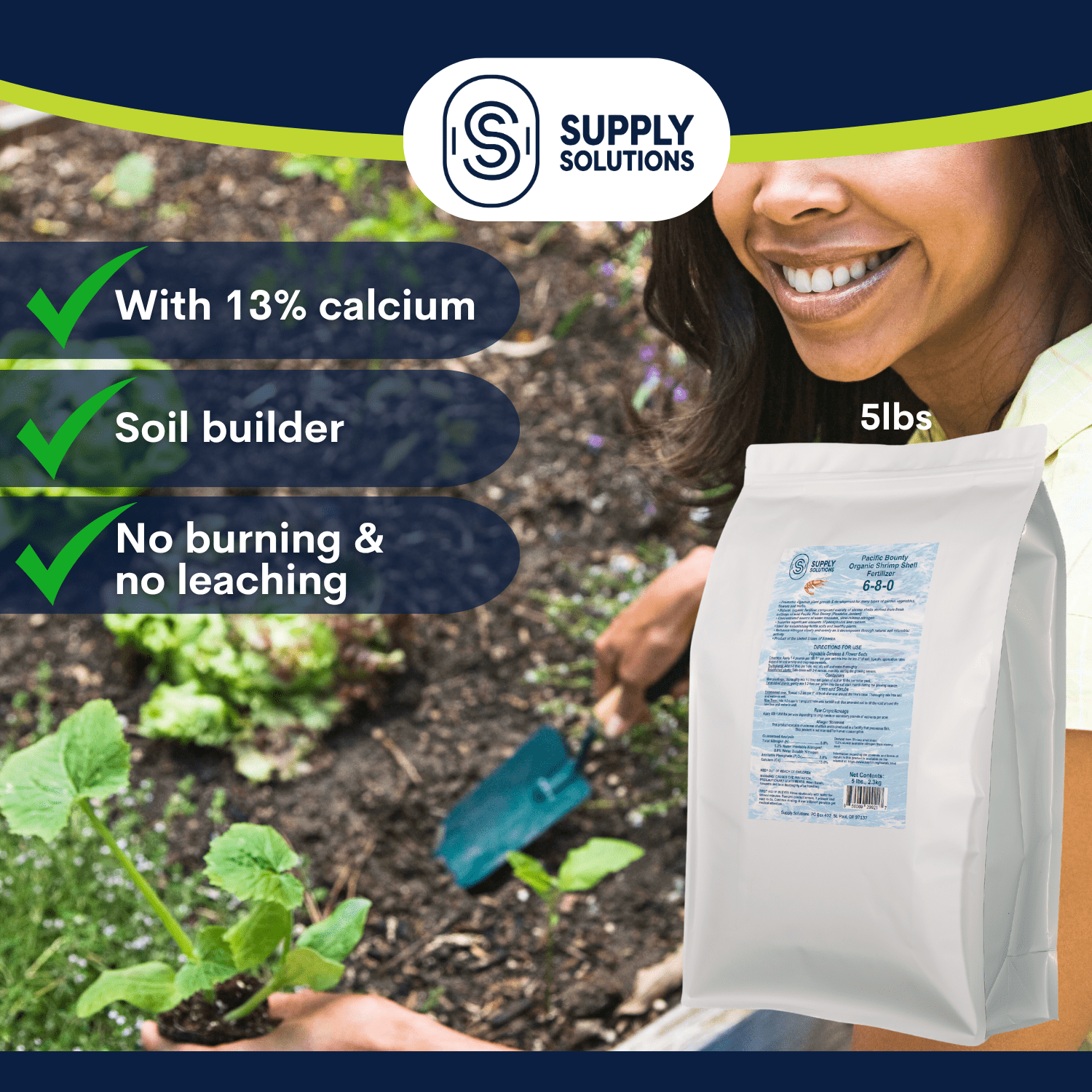 Supply Solutions Pacific Bounty Organic Shrimp Fertilizer 6-8-0 | 13% Calcium | Natural Phosphorus-Rich Fertilizer for Tomatoes, Peppers, and Flowering Plants | Soil-Building