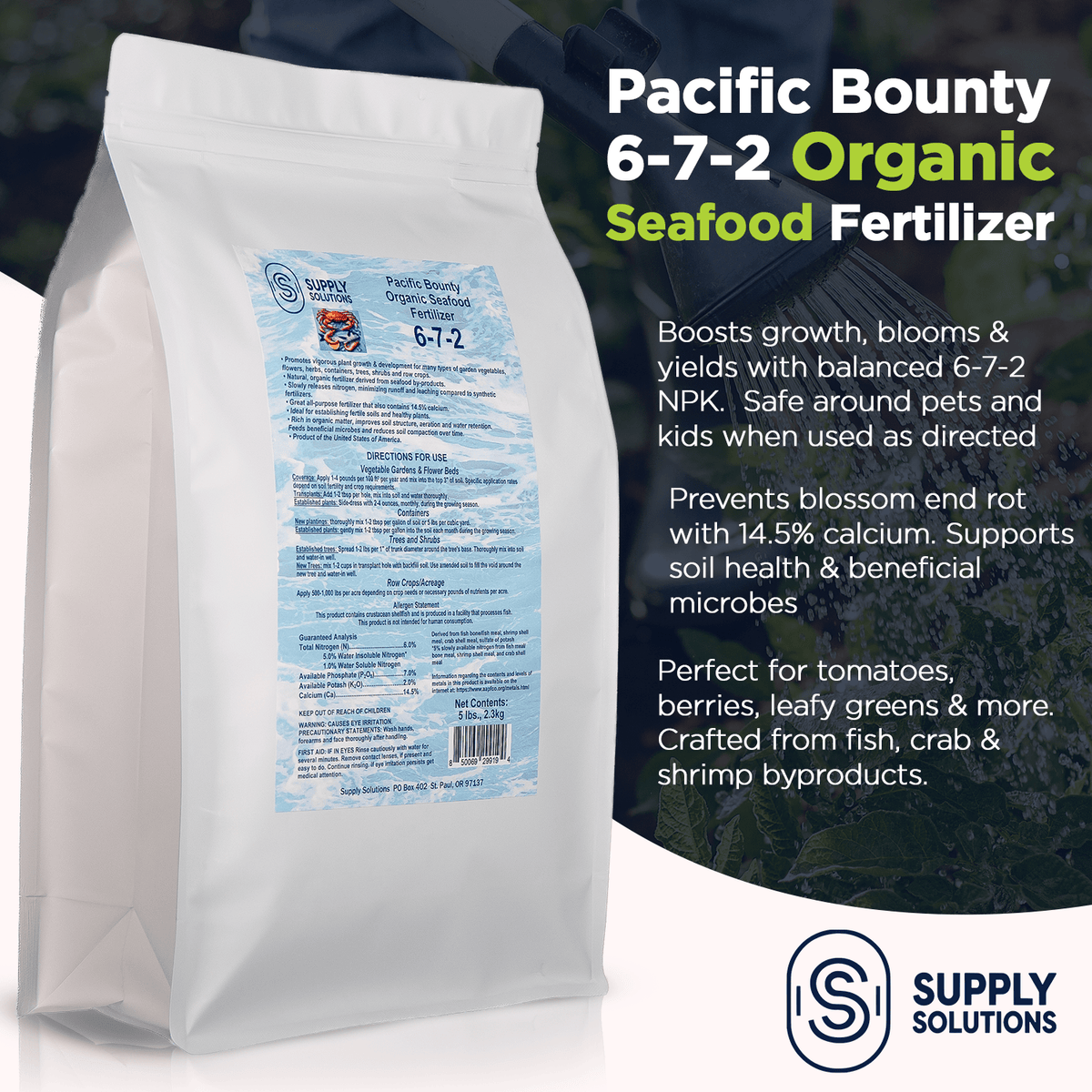 Organic Seafood Fertilizer 6-7-2 | 14.5% Calcium | All-Natural Fish & Shellfish-Based Garden Fertilizer | Boosts Growth, Improves Soil, and Prevents Blossom End Rot