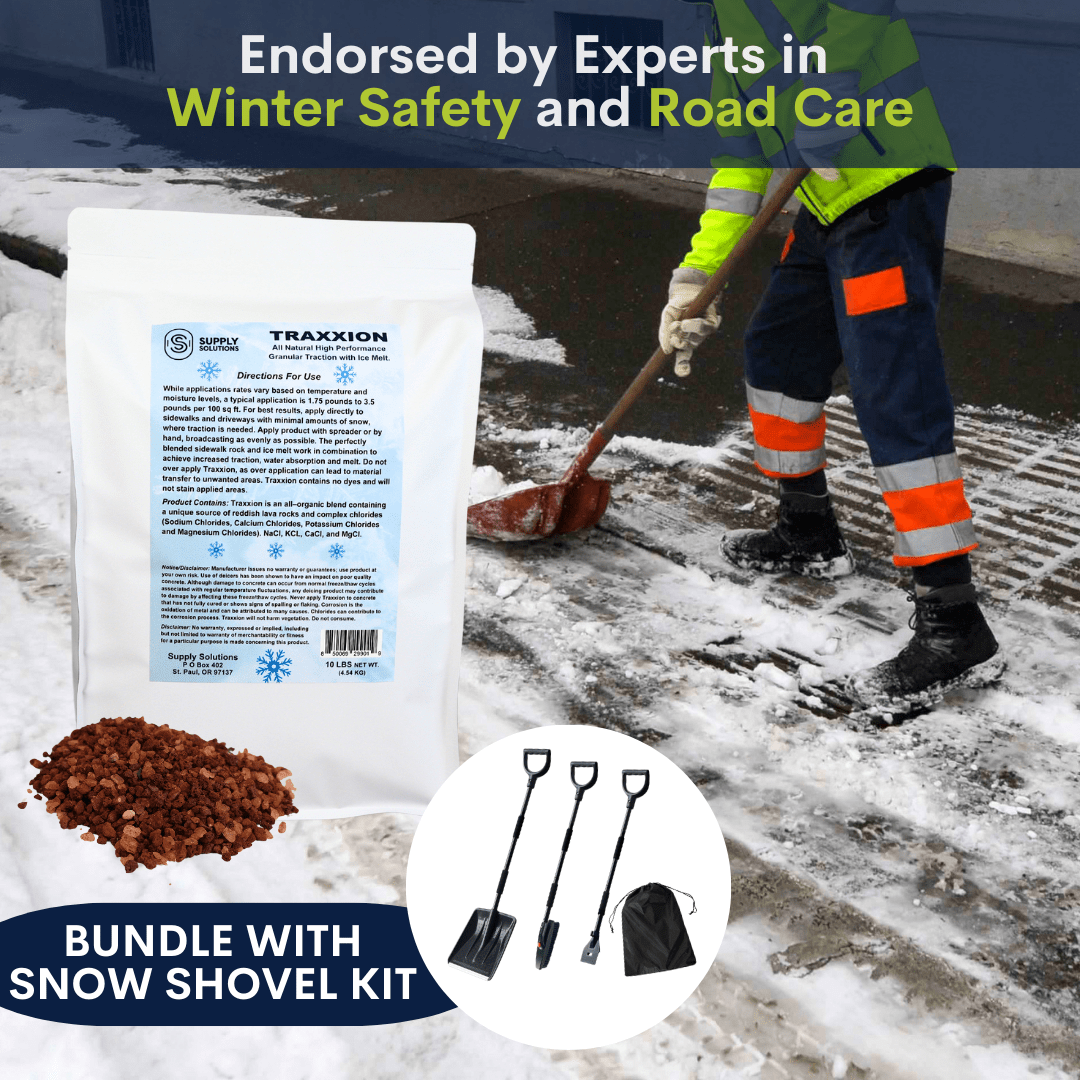Supply Solutions Traxxion Granular Traction with Ice Melt - Pet Safe Ice Melt Snow Salt - Non Toxic Winter Salt - Bundle with 3-in-1 Collapsible Snow Shovel Kit for Car Emergency Driveway (5 Items)