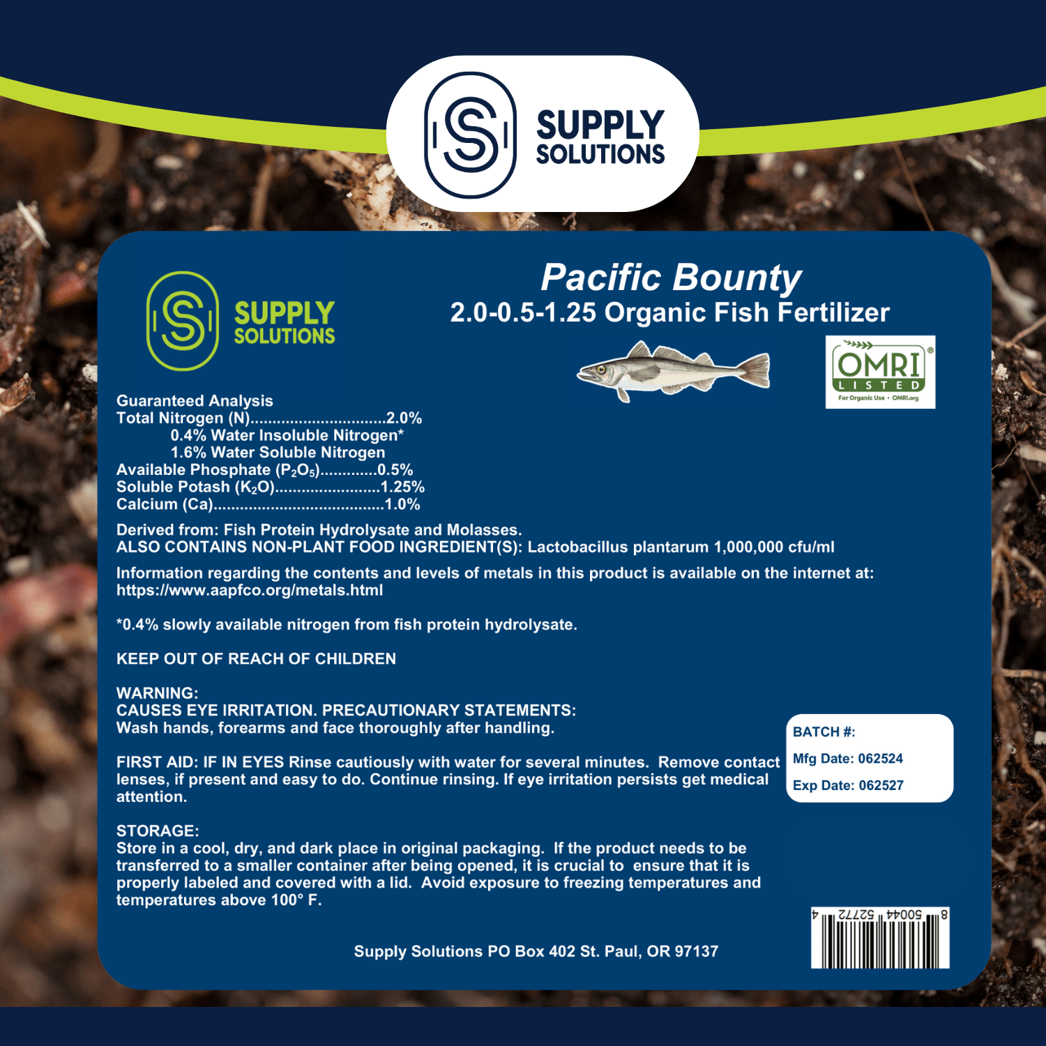 Supply Solutions Pacific Bounty 2.0-0.5-1.25 Organic Fish Fertilizer for Plants - Nutrient-rich Liquid Organic Fertilizer for Vegetables Fruits - Derived Fish Protein Hydrolysate Molasses