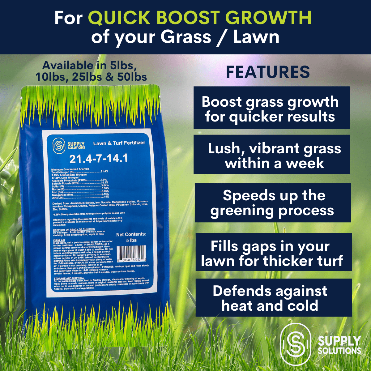Supply Solutions 21.4-7-14.1 Lawn and Turf Fertilizer with Iron - Plant Food for Lawn Achieves a Lush Green Lawn in Weeks - Turf Builder for All Grass Types