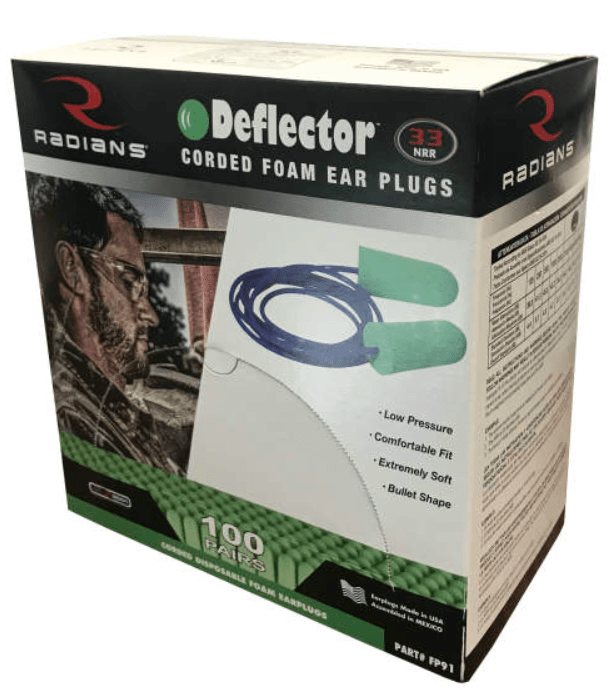Radians Deflector Corded Disposable Foam Ear Plugs - NRR 33dB Box of 100