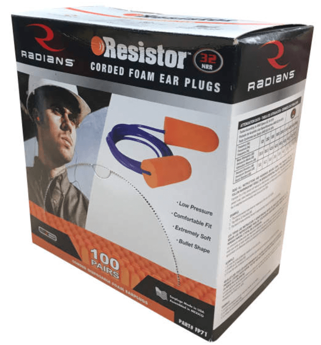Radians Resistor Corded Disposable Foam Ear Plugs - NRR 32dB Box of 100