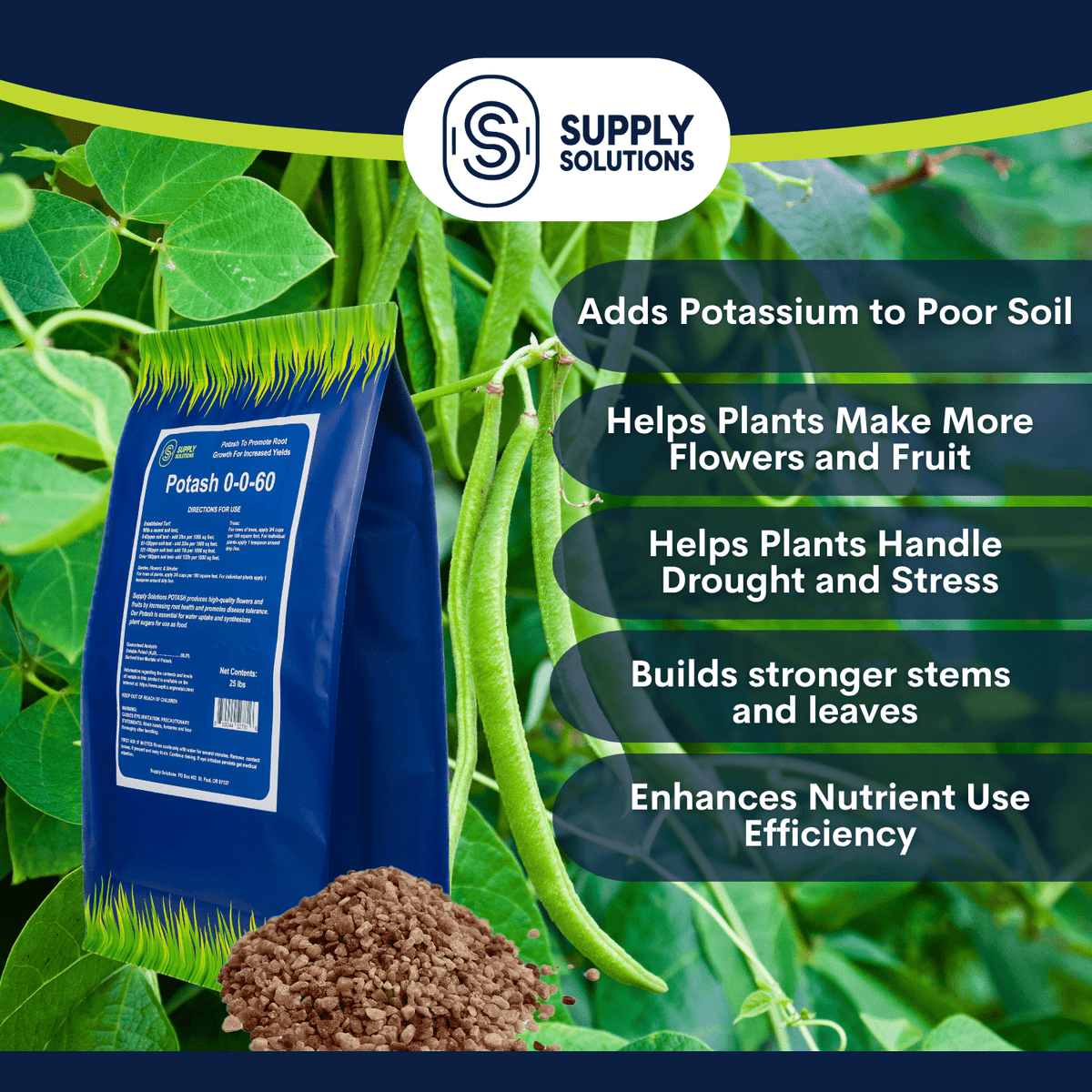Supply Solutions Muriate of Potash 0-0-60 Fertilizer, High Potassium Fertilizer, Potassium for Plants - for Lush Crops, Acidic Plants