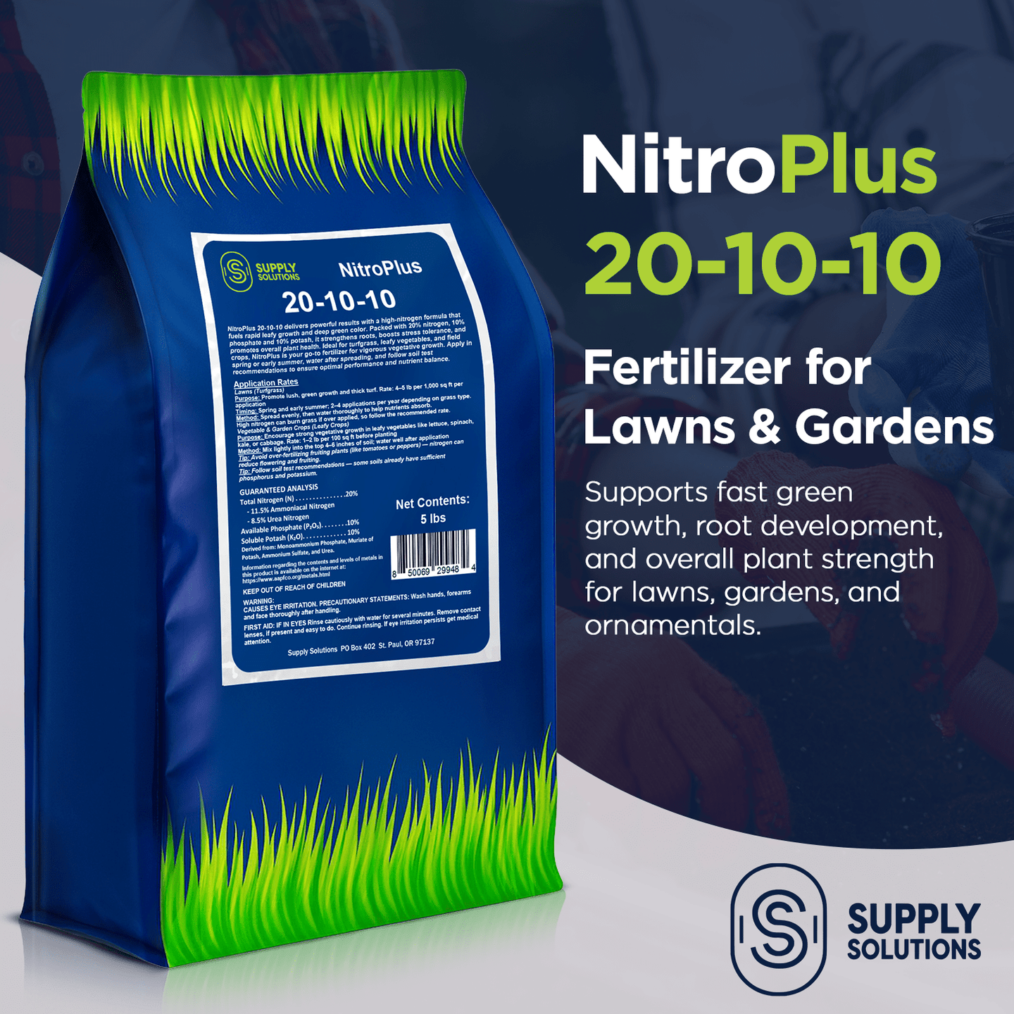 Supply Solutions NitroPlus 20-10-10 Fertilizer for Lawns and Gardens, All Purpose Lawn Fertilizer and Garden Fertilizer, Outdoor Plant Food with Nitrogen Phosphate and Potash Blend 5Lbs