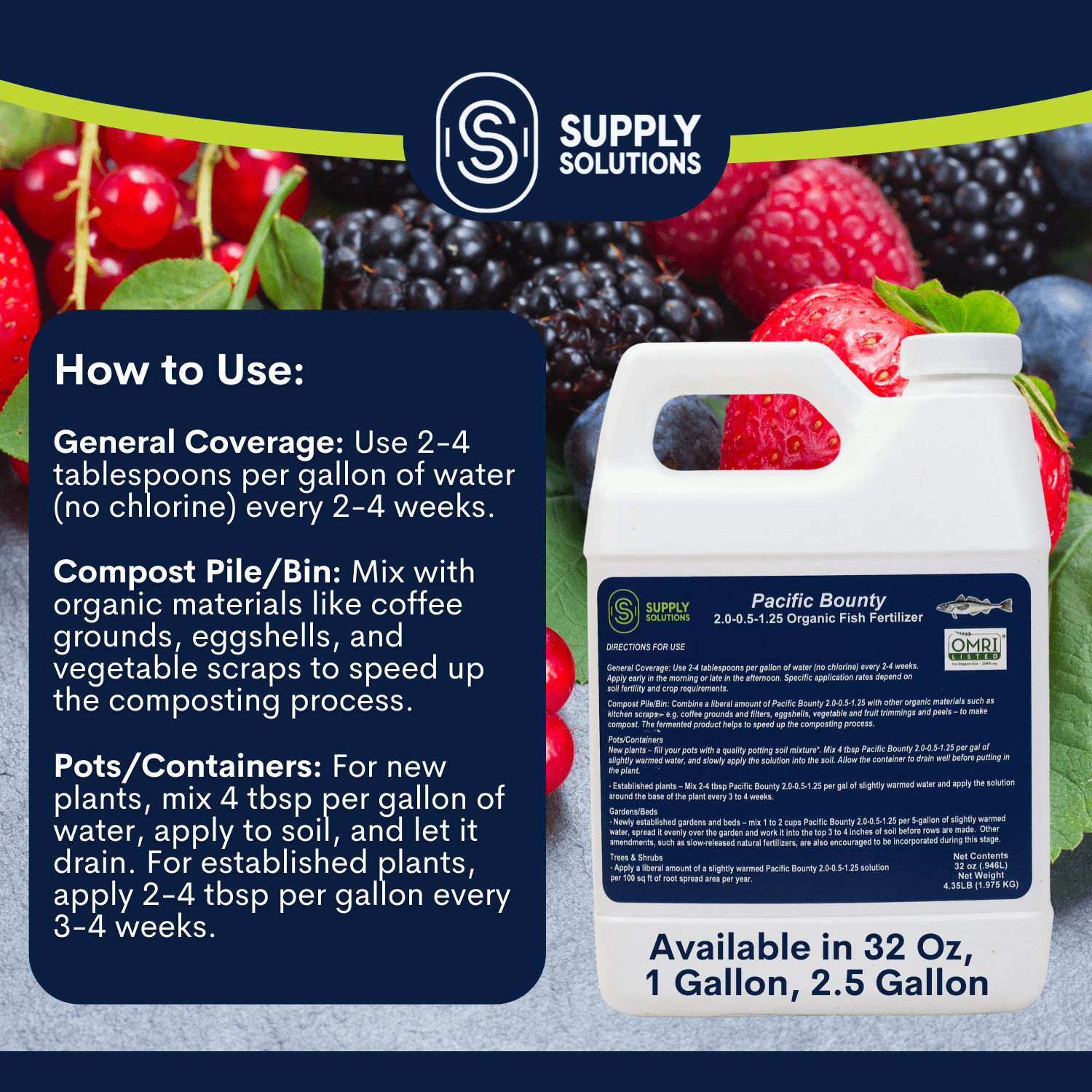 Supply Solutions Pacific Bounty 2.0-0.5-1.25 Organic Fish Fertilizer for Plants - Nutrient-rich Liquid Organic Fertilizer for Vegetables Fruits - Derived Fish Protein Hydrolysate Molasses