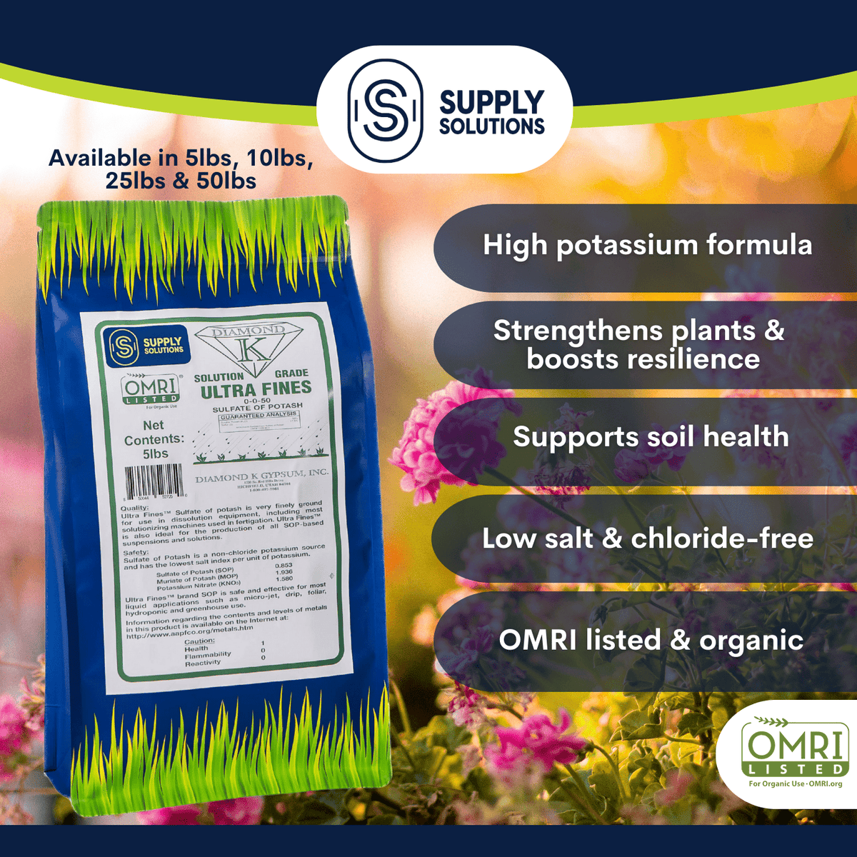 Supply Solutions Sulfate of Potash 0-0-50 - Sulfate of Potash Plant Fertilizer for Flowers, Lawn, Fruits
