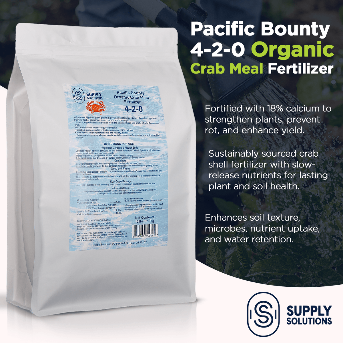 Supply Solutions Organic Crab Meal Fertilizer 4-2-0 | 18% Calcium | Natural Soil Amendment for Garden, Lawn, and Flower Beds | Improves Soil Health & Boosts Plant Growth