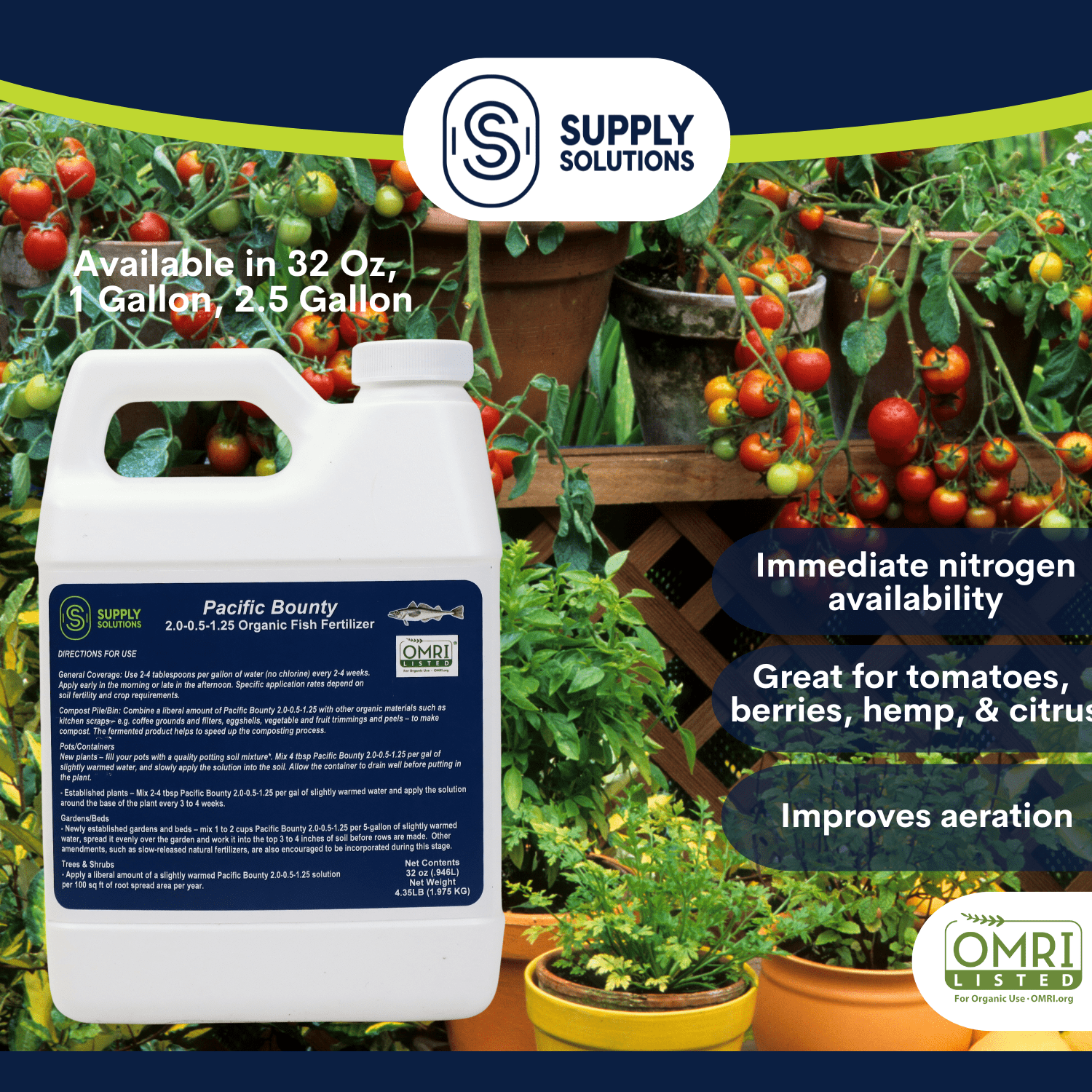 Supply Solutions Pacific Bounty 2.0-0.5-1.25 Organic Fish Fertilizer for Plants - Nutrient-rich Liquid Organic Fertilizer for Vegetables Fruits - Derived Fish Protein Hydrolysate Molasses
