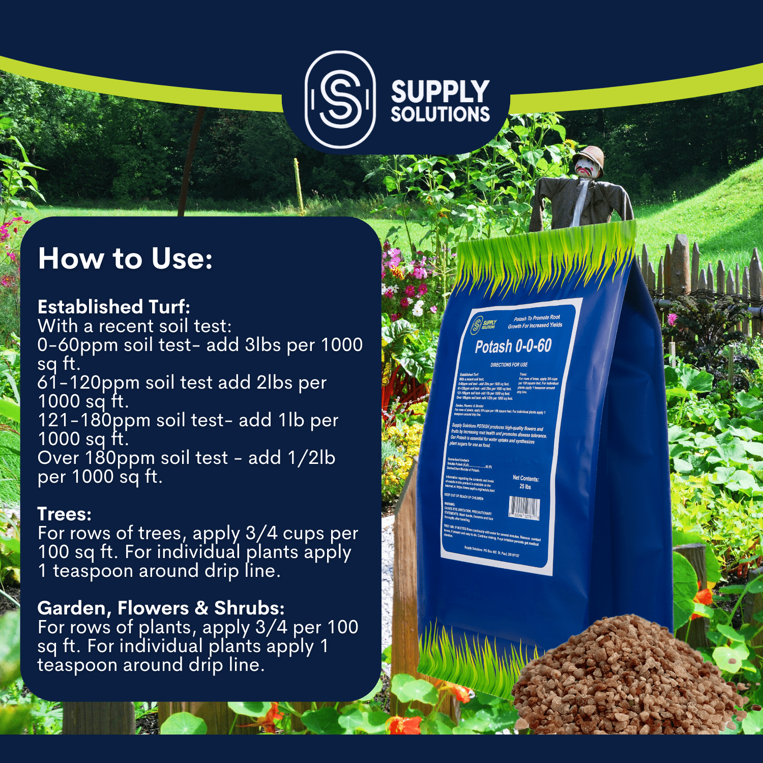 Supply Solutions Muriate of Potash 0-0-60 Fertilizer, High Potassium Fertilizer, Potassium for Plants - for Lush Crops, Acidic Plants