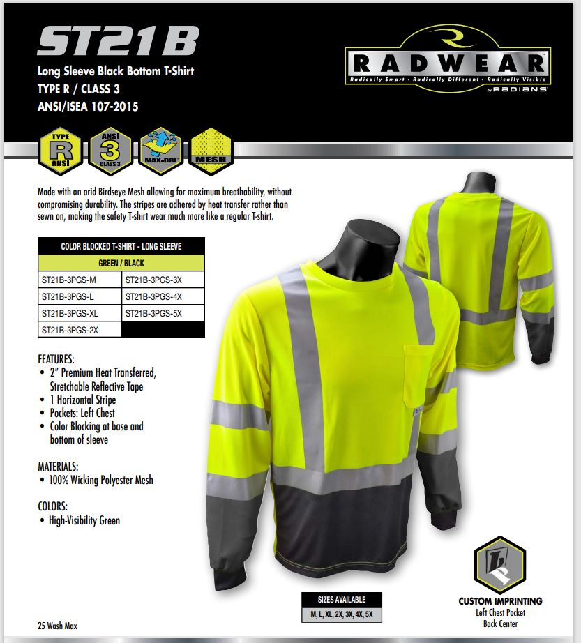 Radians ST21B Type R Class 3 Long Sleeve Hi Vis Black Bottom T-Shirt