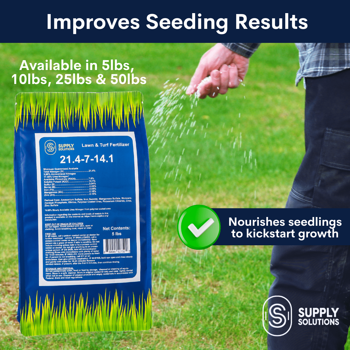Supply Solutions 21.4-7-14.1 Lawn and Turf Fertilizer with Iron - Plant Food for Lawn Achieves a Lush Green Lawn in Weeks - Turf Builder for All Grass Types