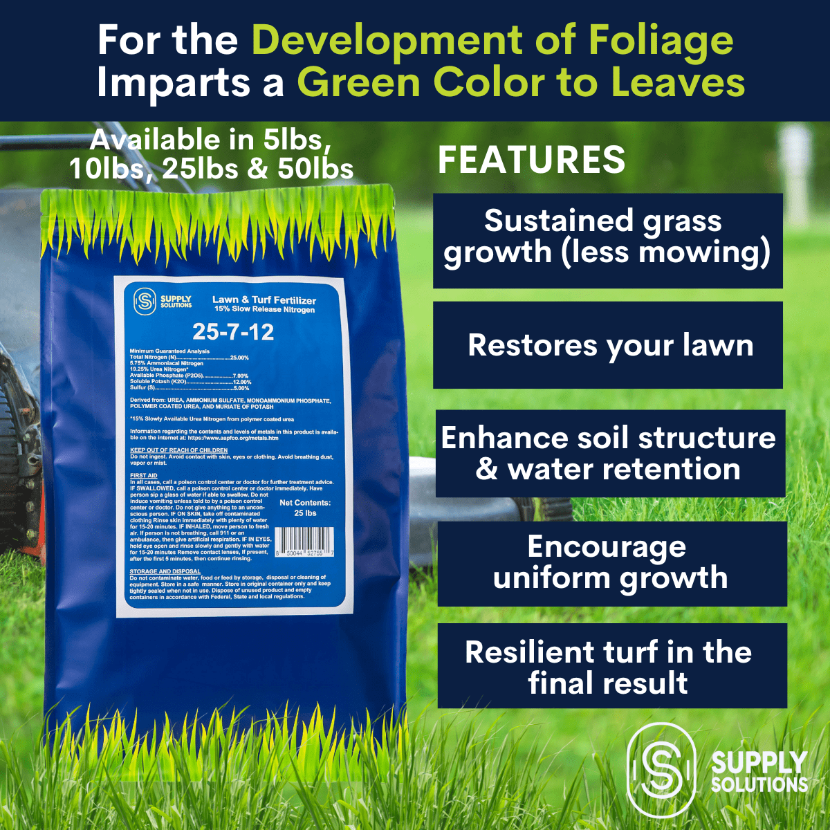 Supply Solutions 25-7-12 Lawn Fertilizer - Lawn Food for Grass, Turf and Garden Plants for Greener Grass - Plant Food for Lawn