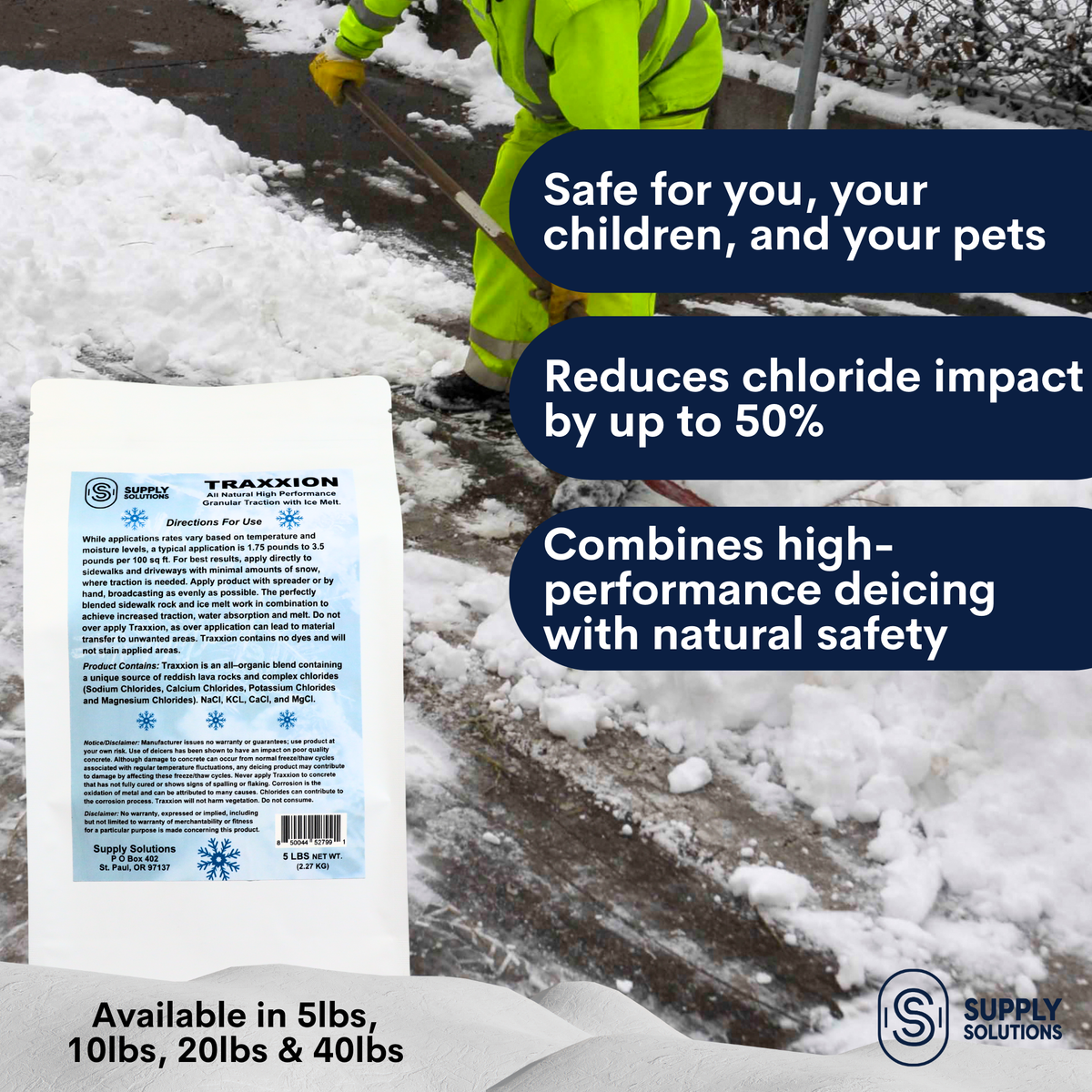 Supply Solutions Traxxion Granular Traction with Ice Melt | Pet Safe Ice Melt Snow Salt | Non Toxic Winter Salt for Driveways, Sidewalks and Various Terrain | Ice Salt That Lasts Longer