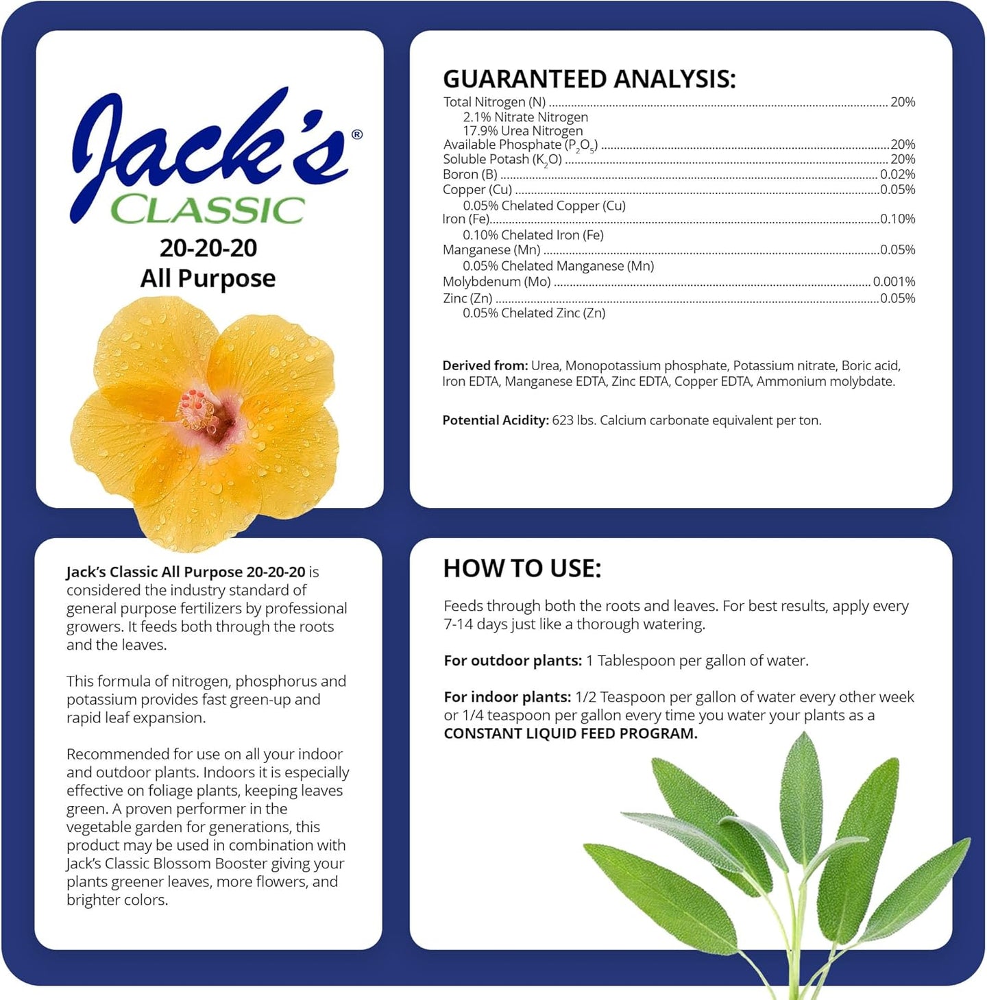 Jack's Classic 20-20-20 All Purpose Water-Soluble Fertilizer with Micronutrients to Provide General Growth on All Plants