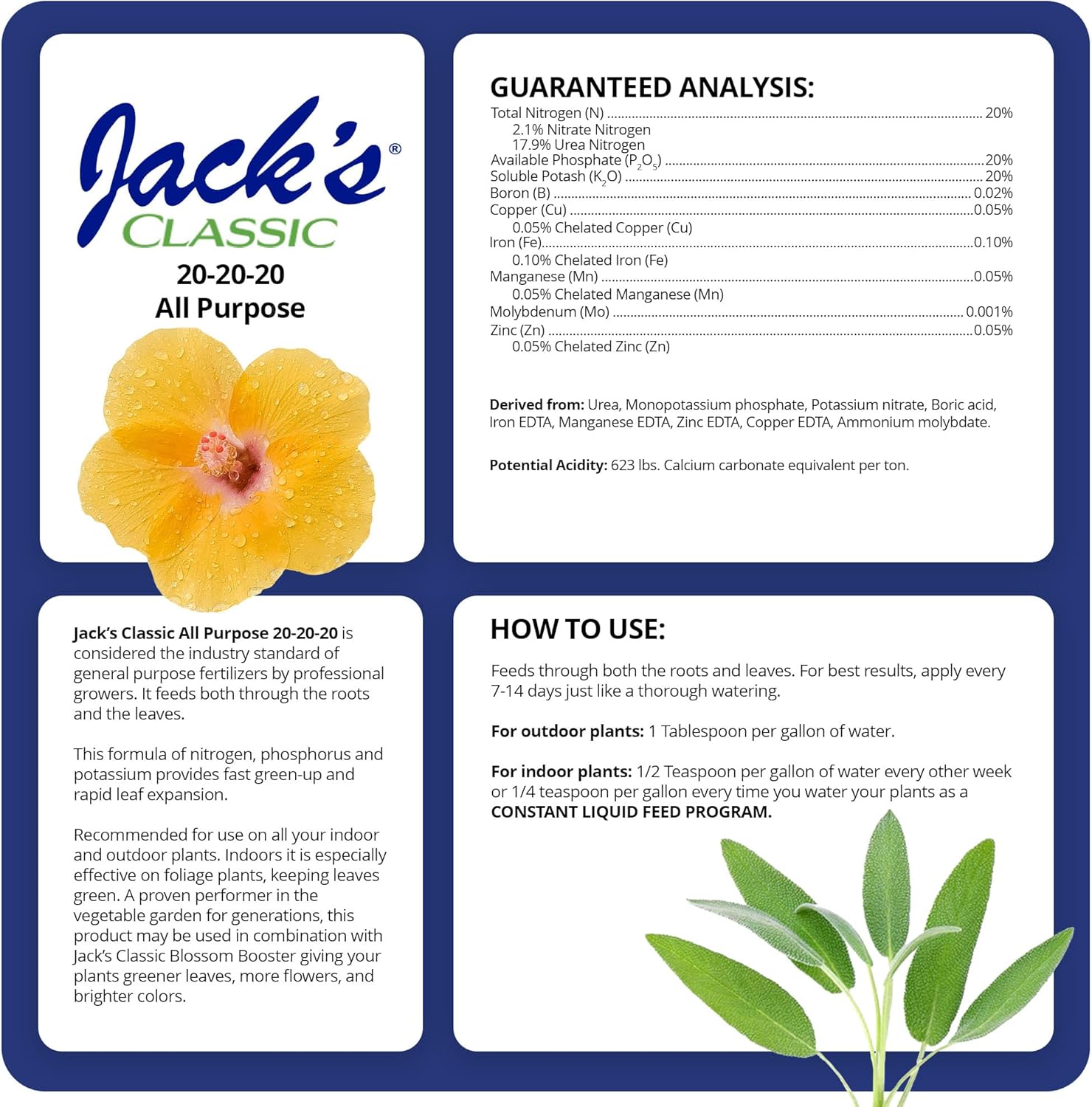 Jack's Classic 20-20-20 All Purpose Water-Soluble Fertilizer with Micronutrients to Provide General Growth on All Plants