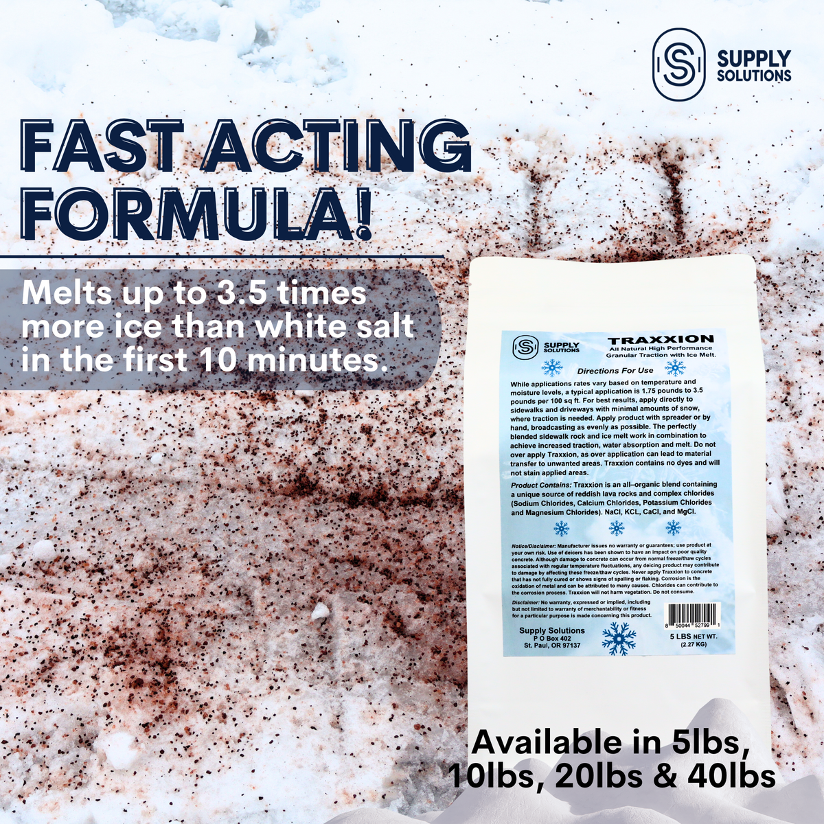 Supply Solutions Traxxion Granular Traction with Ice Melt | Pet Safe Ice Melt Snow Salt | Non Toxic Winter Salt for Driveways, Sidewalks and Various Terrain | Ice Salt That Lasts Longer