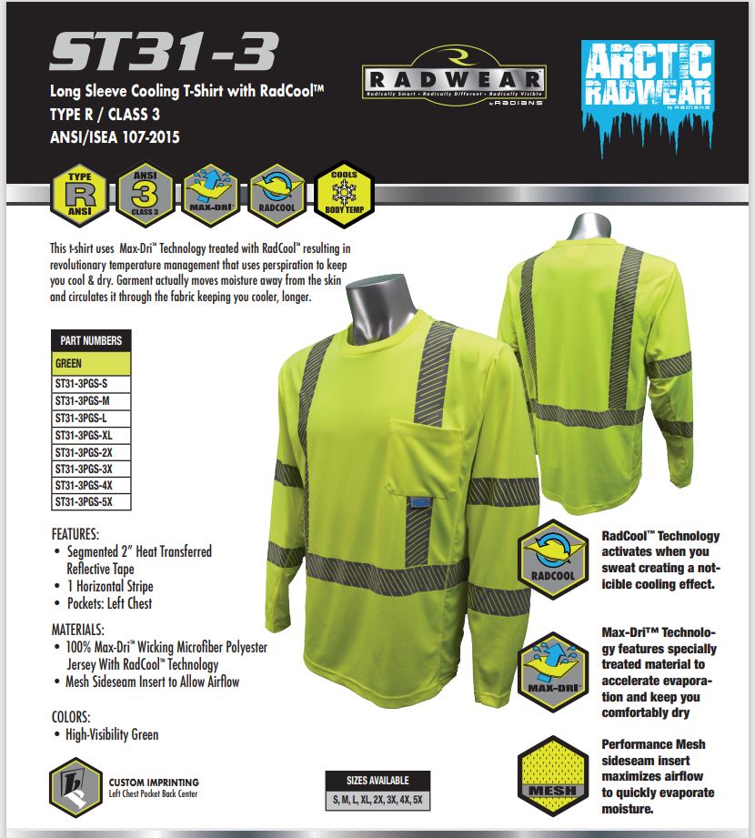 High Visibility Long Sleeve Shirts, Radians ST31-3 Long Sleeve Cooling T-Shirt